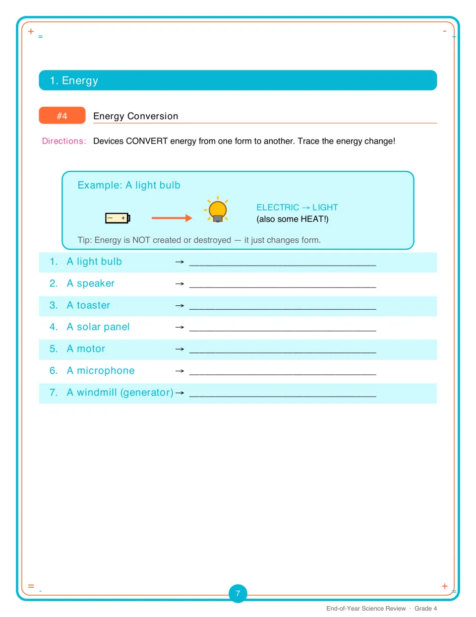 Energy conversion: after a light bulb example, students trace the energy change in 7 devices, from a speaker to a windmill