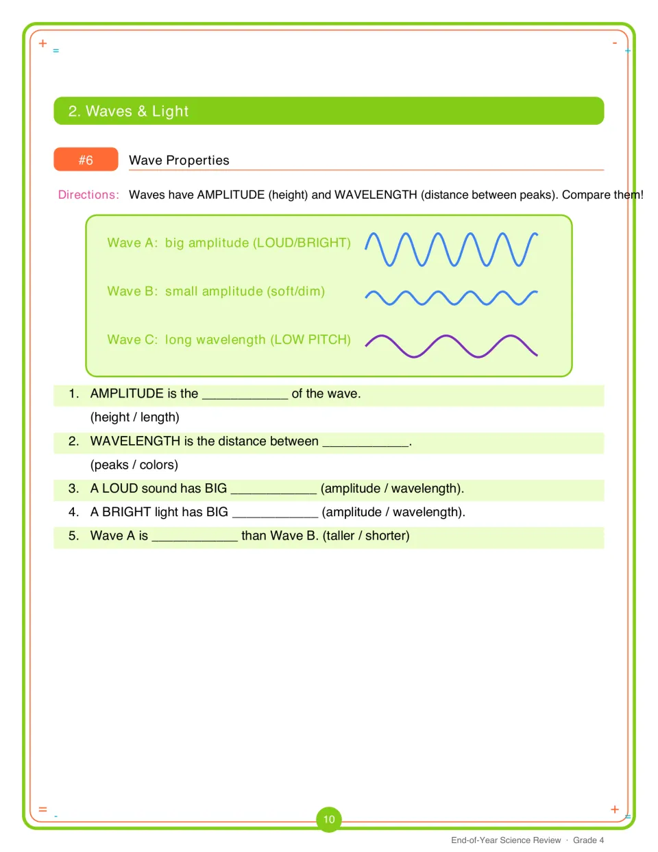 Wave properties: students compare three drawn waves and fill in 5 blanks on amplitude, wavelength, loudness and brightness