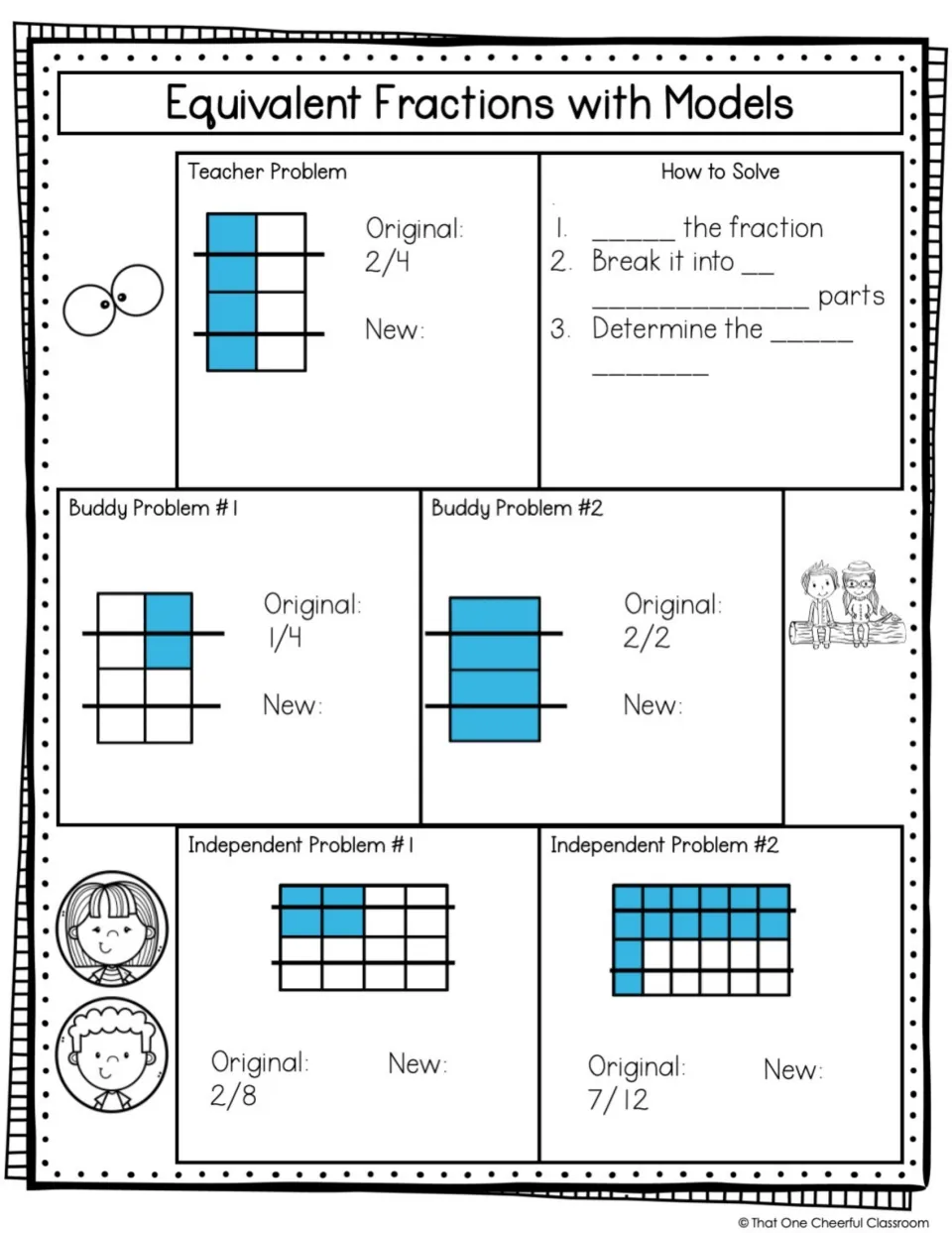 Equivalent fractions with models: students fill in the solving steps, then split models of 2/4, 1/4, 2/2, 2/8 and 7/12