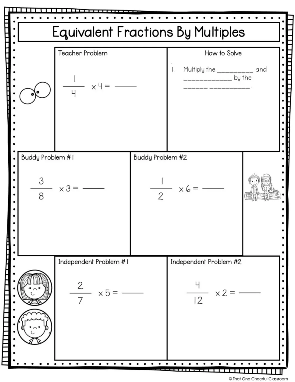 Equivalent fractions by multiples: students complete the rule and multiply 1/4, 3/8, 1/2, 2/7 and 4/12 to find equivalents