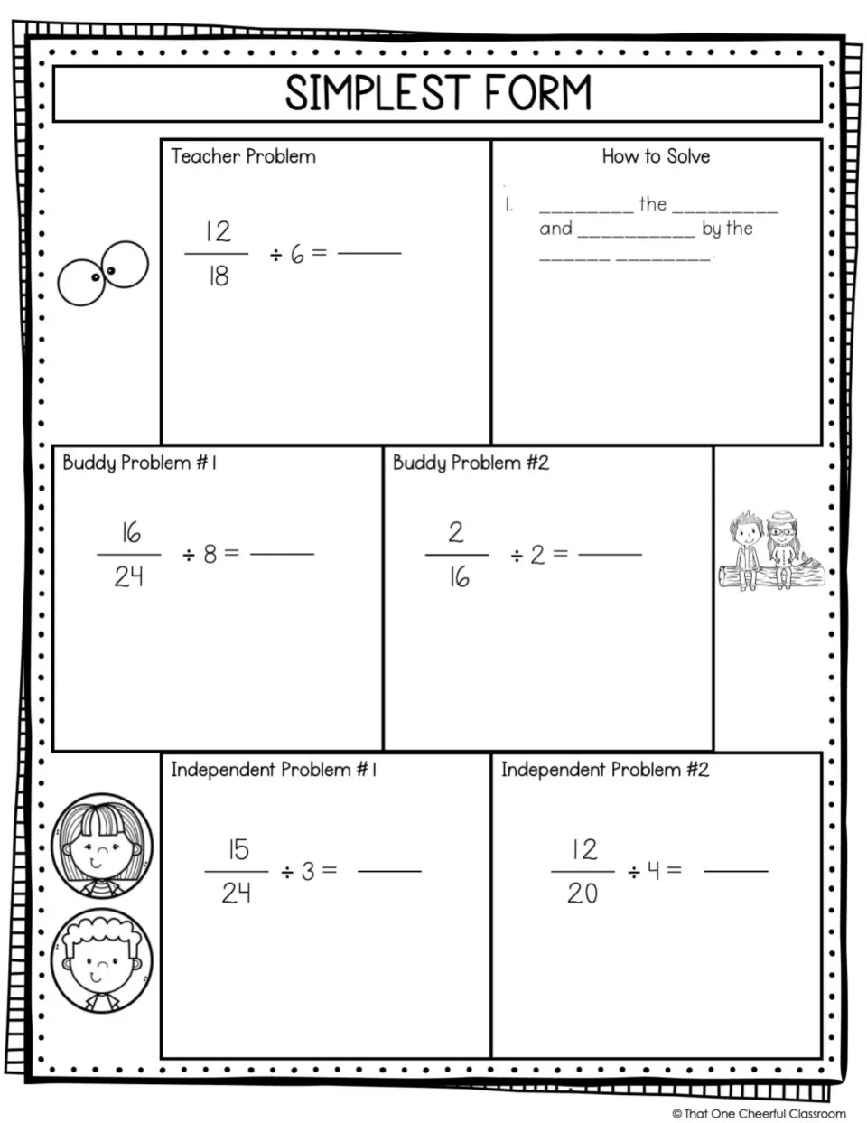Simplest form: students fill in the dividing rule and reduce 12/18, 16/24, 2/16, 15/24 and 12/20 by a given divisor