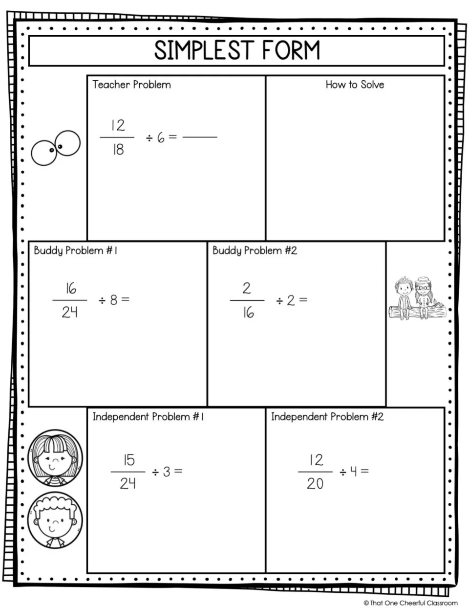 Simplest form: students write the rule on their own, then divide each fraction's numerator and denominator to reduce it