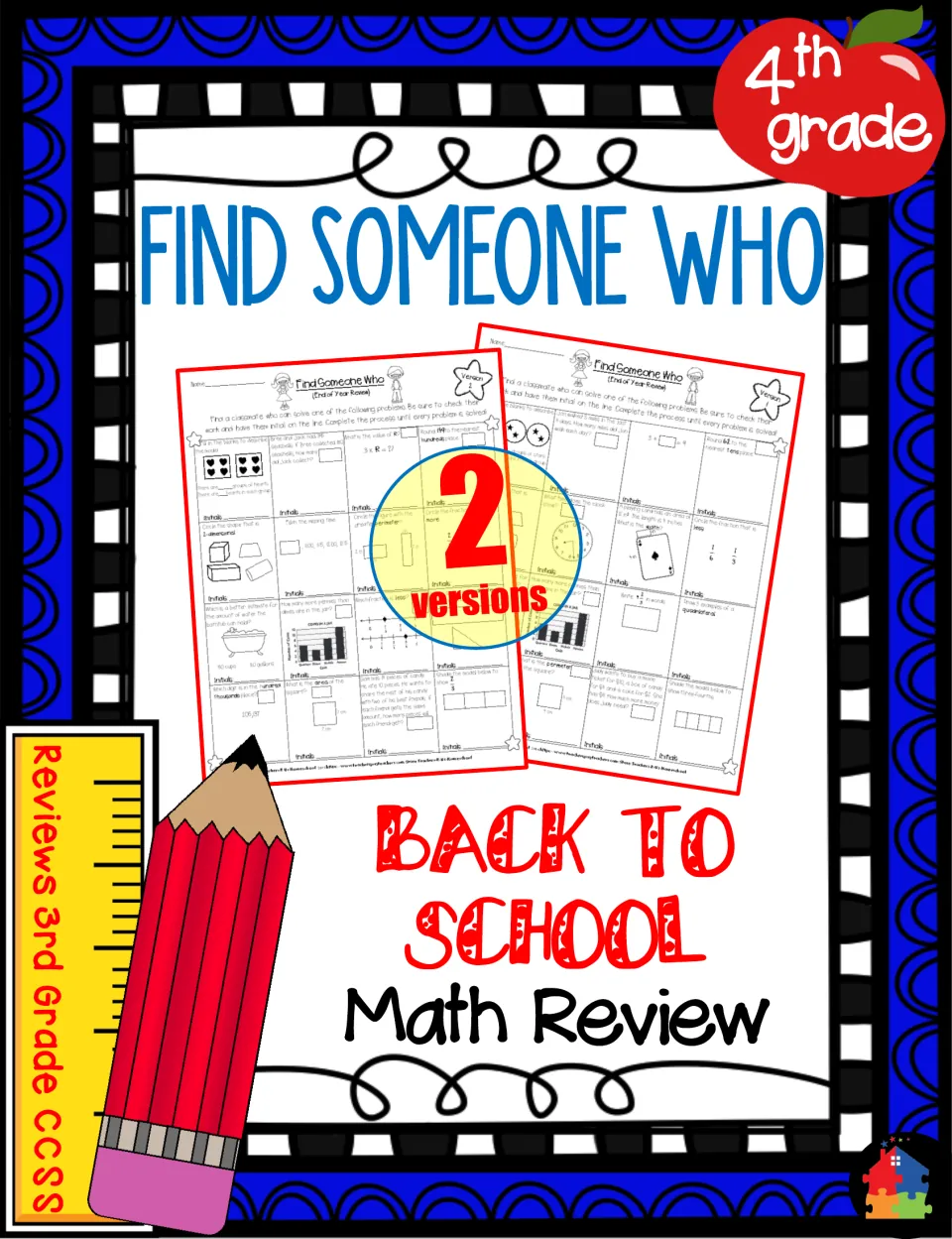 Find Someone Who back-to-school math review cover: 2 versions of a problem handout that students solve with classmates