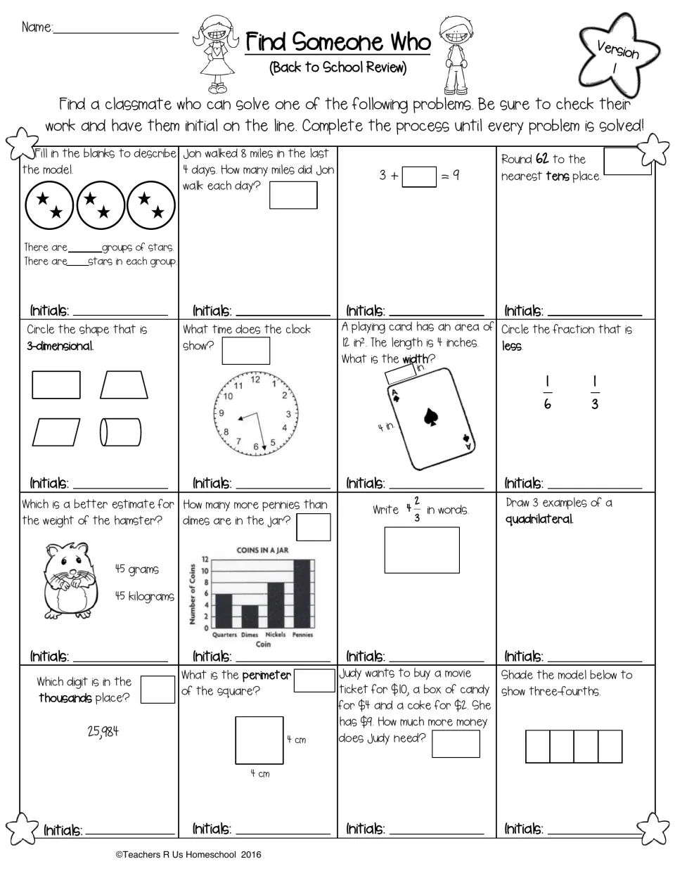 Version 1 review handout: 16 math problems on rounding, time, area, fractions and money, each initialed by a classmate