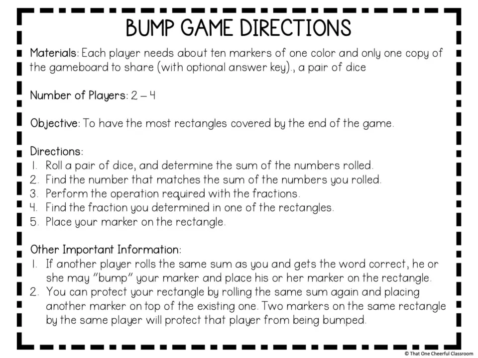 Bump game directions for 2–4 players explain rolling dice, solving fraction problems, and protecting markers.