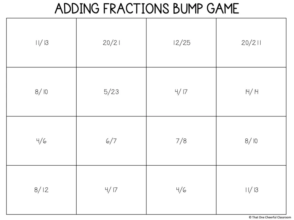 Adding fractions game board has 16 answer spaces for markers, including 11/13, 20/21, 12/25, and 5/23.