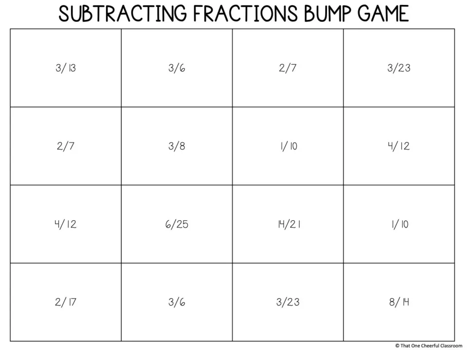 Subtracting fractions game board has 16 answer spaces for markers, including 3/13, 3/6, 2/7, and 3/23.