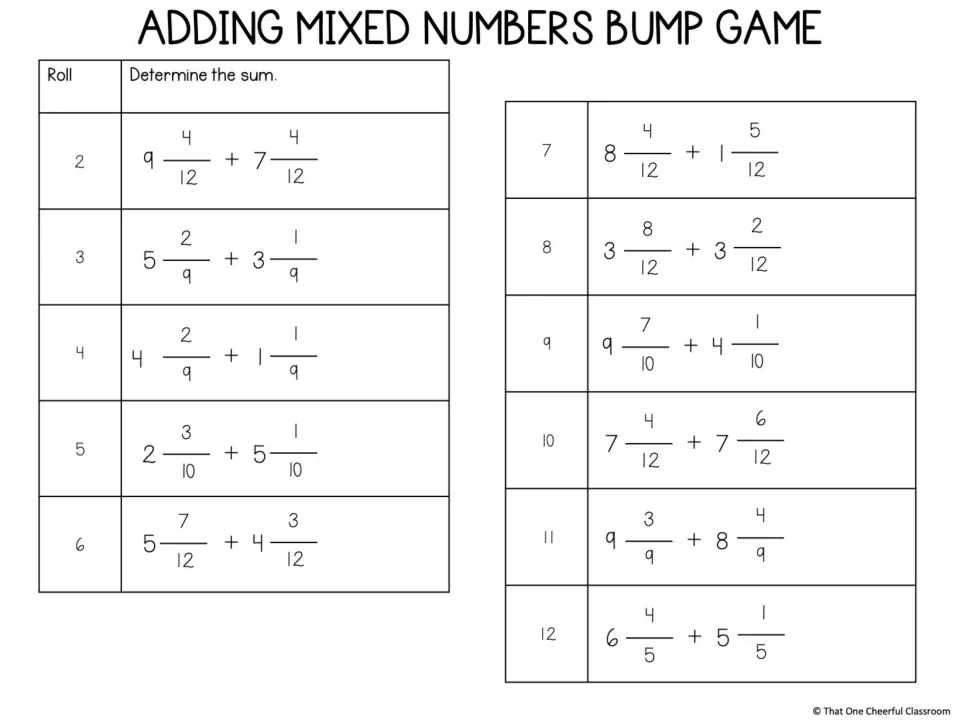 Adding mixed numbers game sheet has 11 problems for dice totals 2–12, including 9 4/12 + 7 4/12.