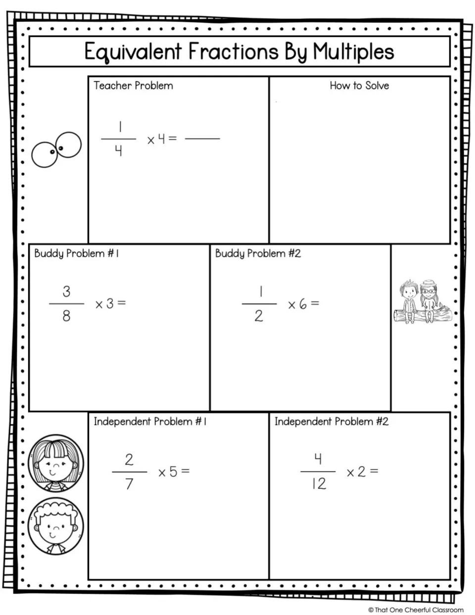 Equivalent fractions by multiples: students write their own solving steps and multiply fractions such as 3/8 x 3 and 2/7 x 5