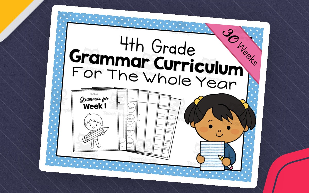 Blue polka-dot 4th Grade Grammar Curriculum for the Whole Year cover with a 30 Weeks ribbon, student illustration, and weekly page previews.