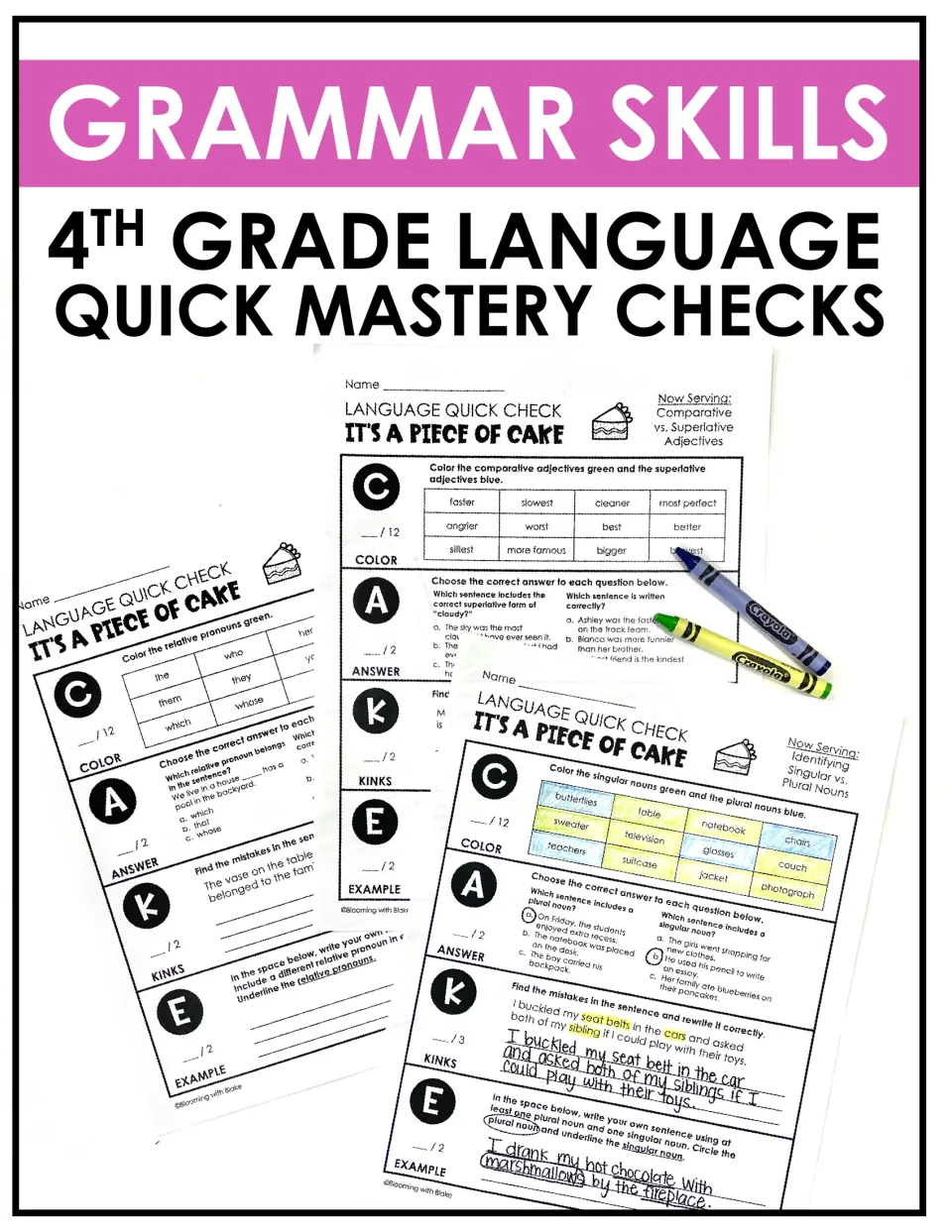Grammar Skills cover for 4th grade language quick mastery checks, showing sample Piece of Cake noun and adjective checks