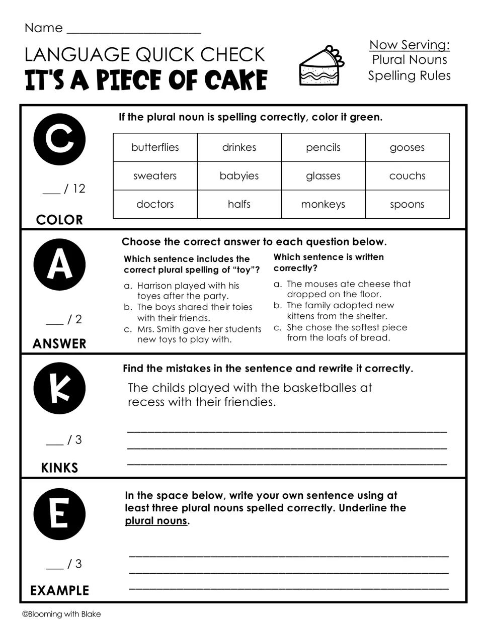 Plural noun spelling check: students color correctly spelled plurals, pick correct sentences and fix childs and friendies
