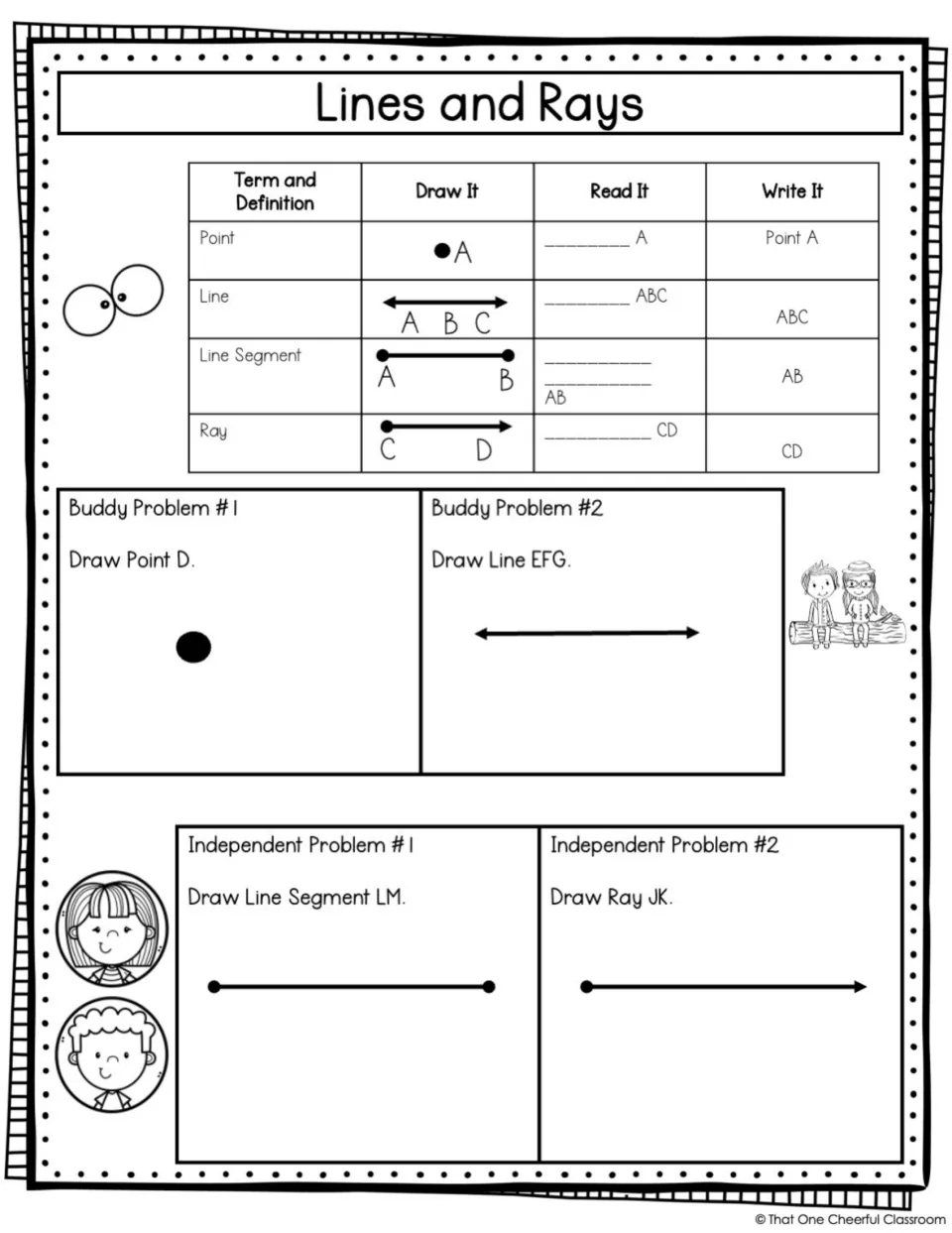 Lines and rays guided notes with point, line, line segment, and ray examples plus partially completed practice
