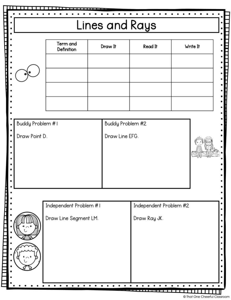 Lines and rays blank notes with prompts to draw point D, line EFG, line segment LM, and ray JK