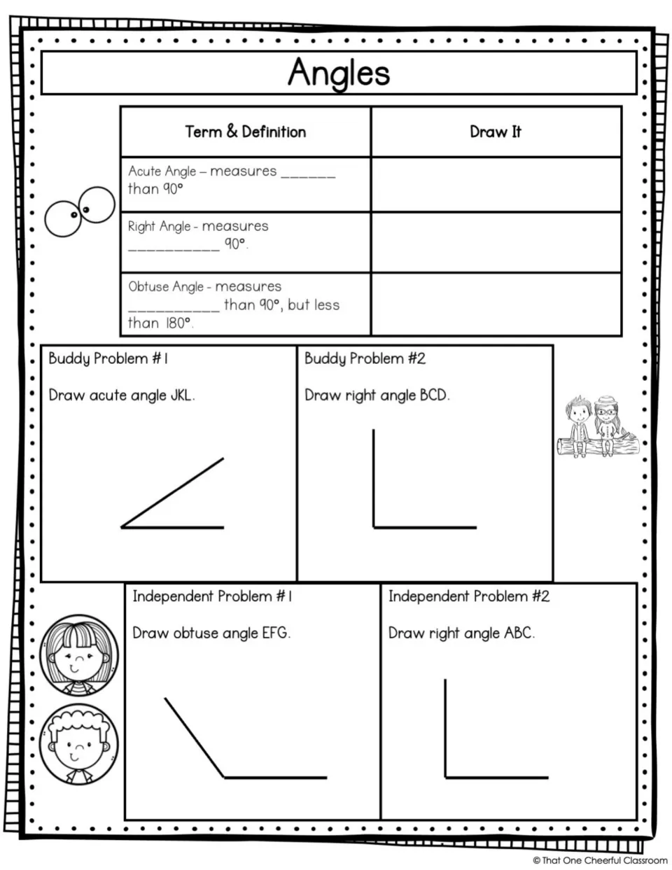 Angles guided notes with incomplete acute, right, and obtuse definitions and four angle drawings to label