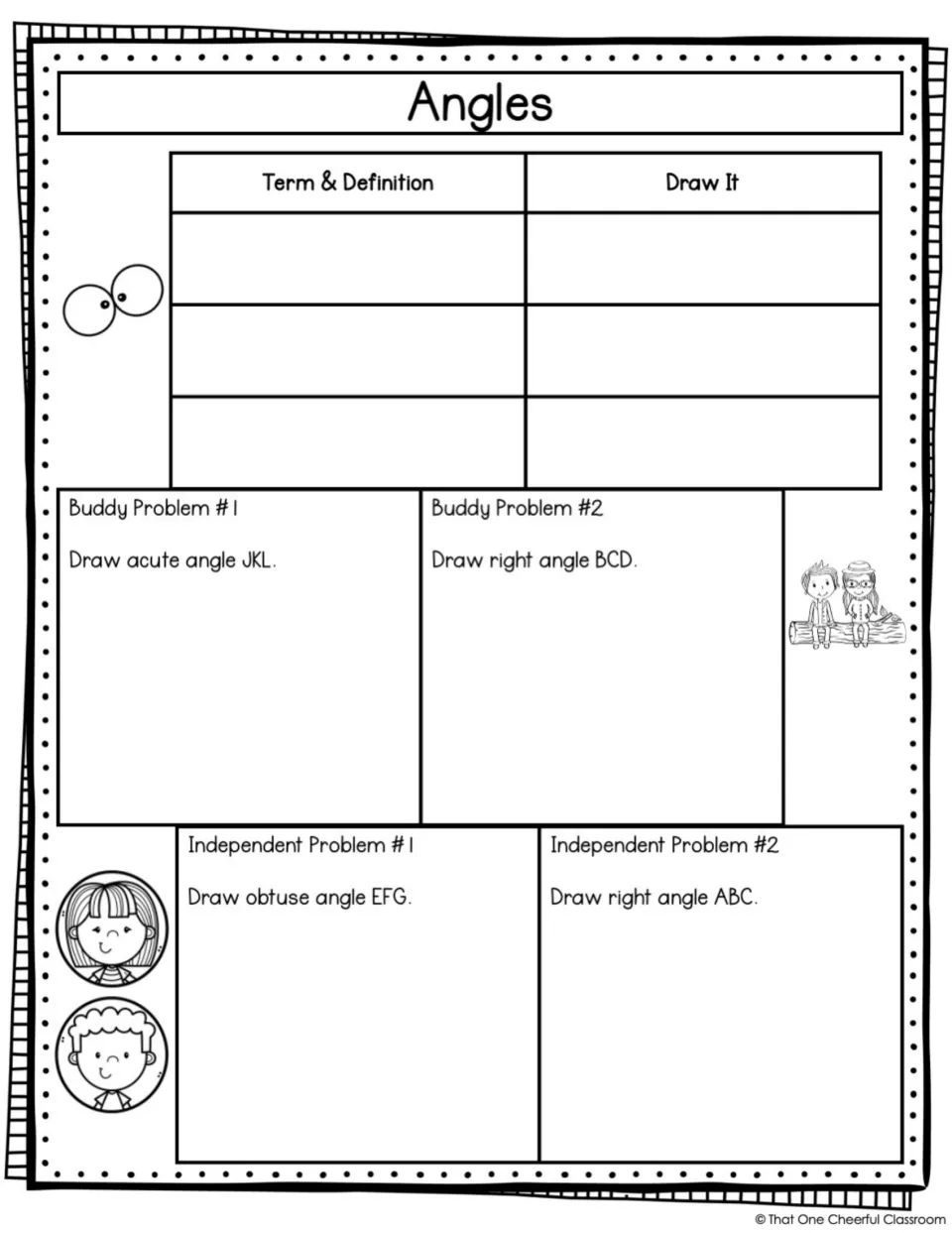 Angles blank notes with prompts to draw acute angle JKL, right angles BCD and ABC, and obtuse angle EFG