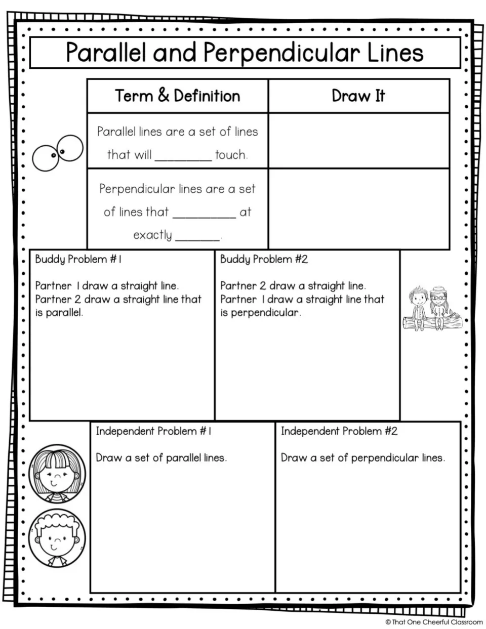 Parallel and perpendicular lines guided notes with fill-in definitions, partner drawing, and independent practice