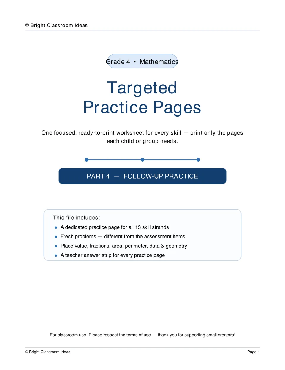 Targeted Practice Pages cover, Part 4 follow-up practice: one practice page per skill strand, with teacher answer strips