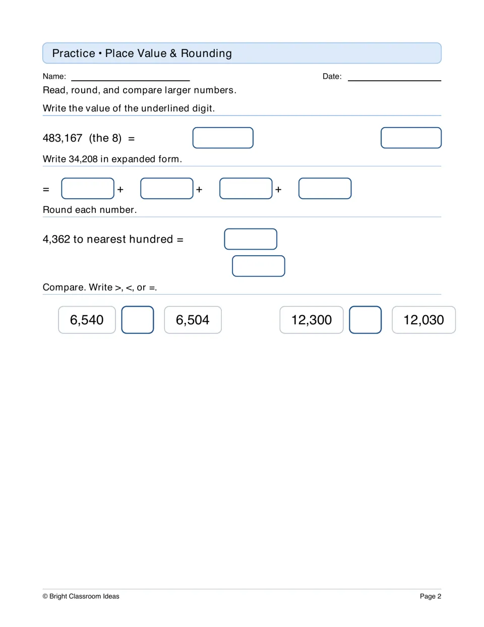 Place value and rounding practice: digit value of 483,167, expanded form of 34,208, rounding 4,362 and comparing numbers