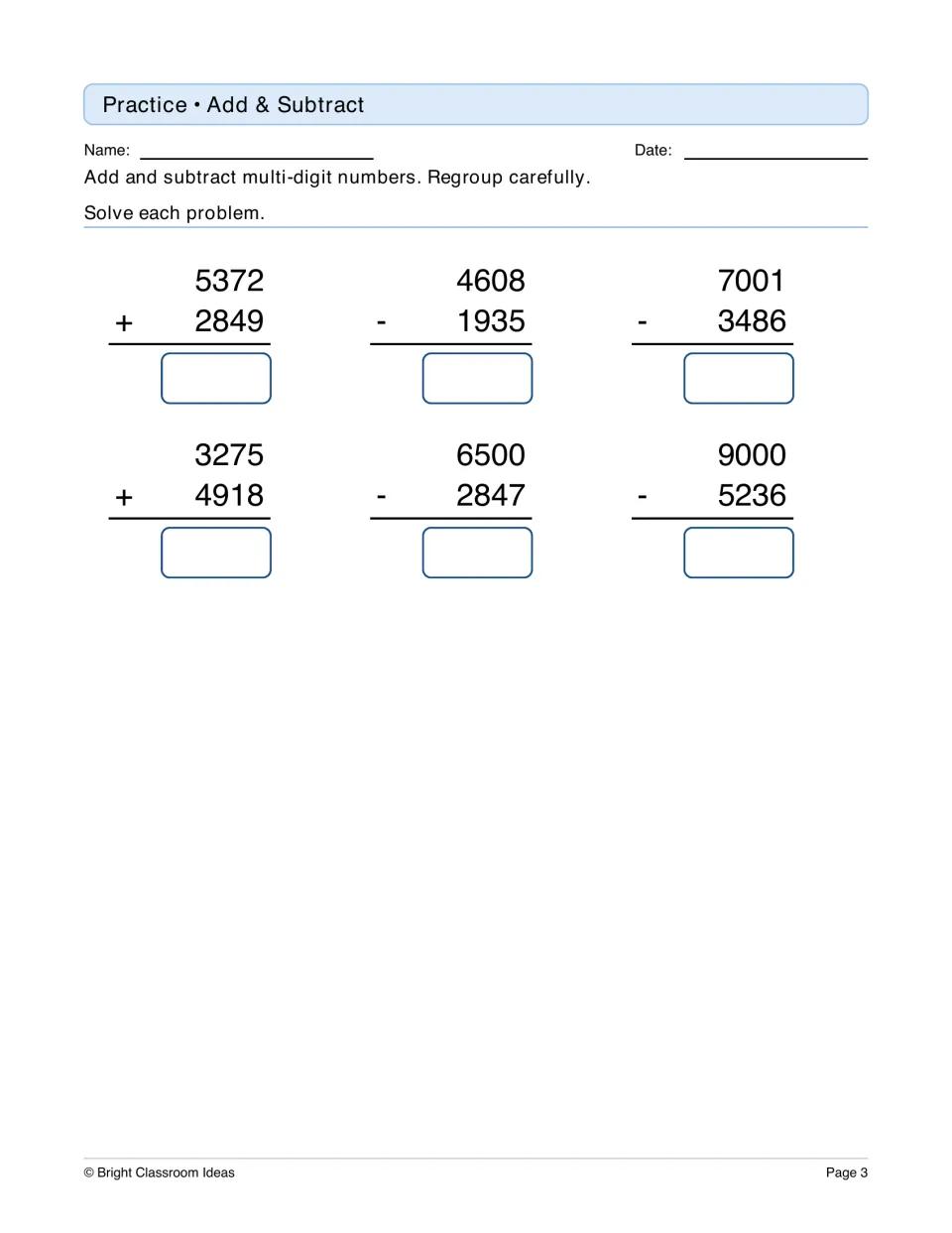 Multi-digit addition and subtraction practice: six vertical problems with regrouping, such as 5372 + 2849 and 9000 - 5236