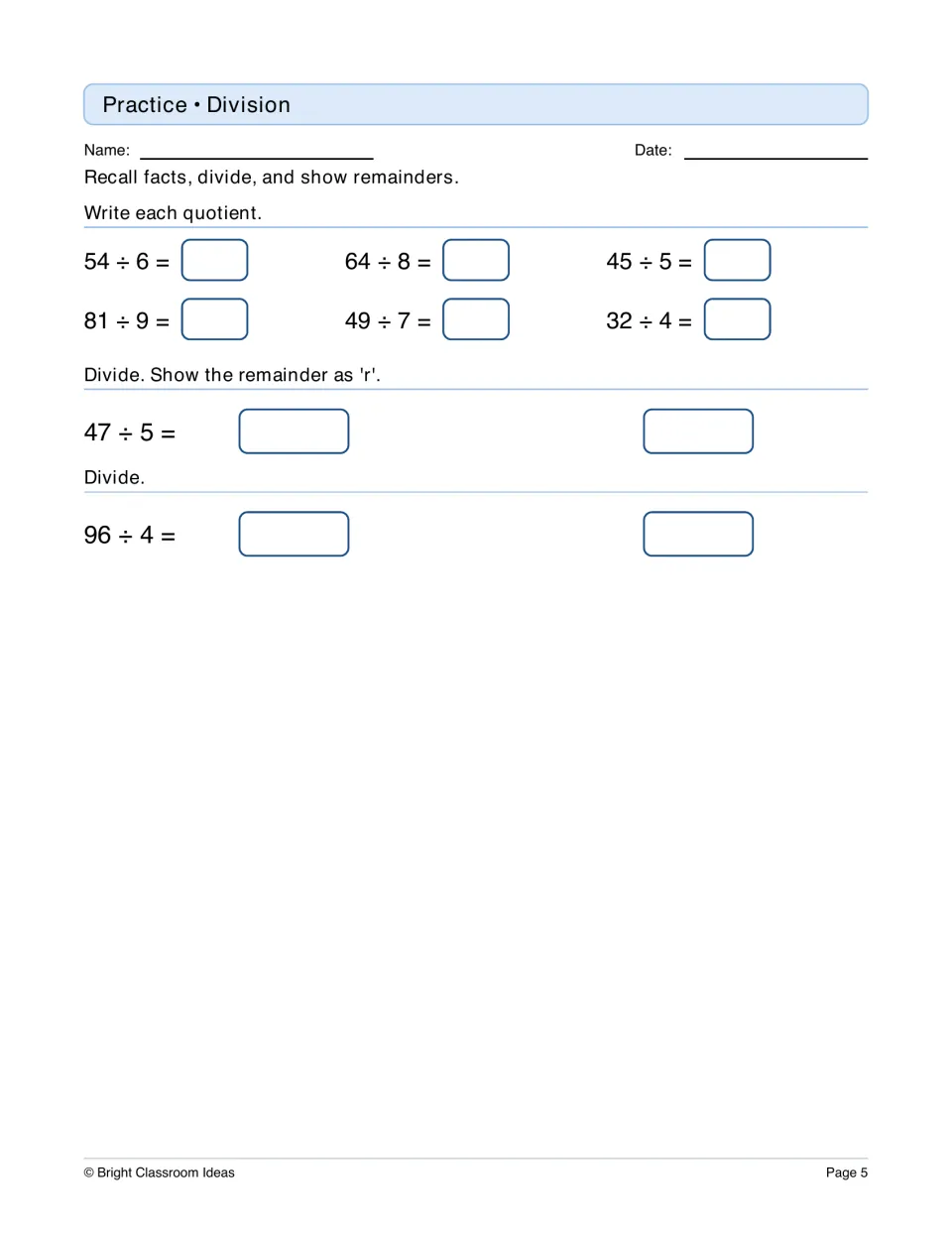 Division practice: six facts such as 54 ÷ 6, then 47 ÷ 5 with the remainder shown as r, and 96 ÷ 4