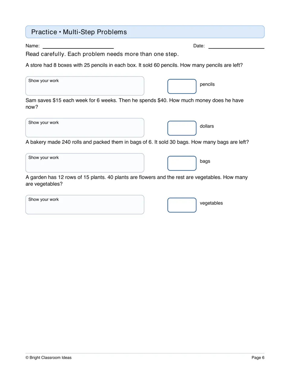 Multi-step word problems: pencils sold from boxes, weekly savings, bakery roll bags and garden plants, with work shown