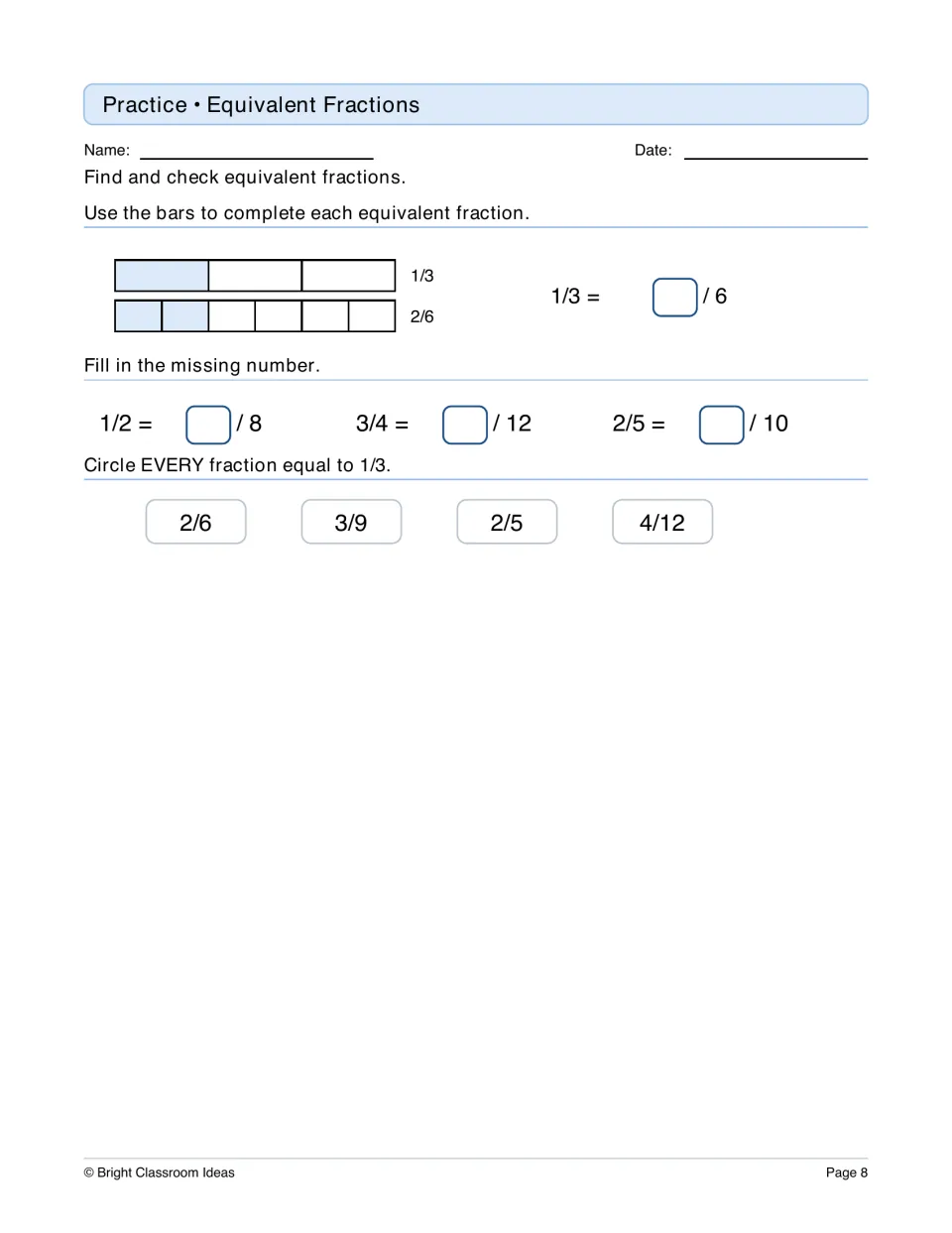 Equivalent fractions: students use fraction bars for 1/3 = ?/6, fill in missing numerators and circle fractions equal to 1/3