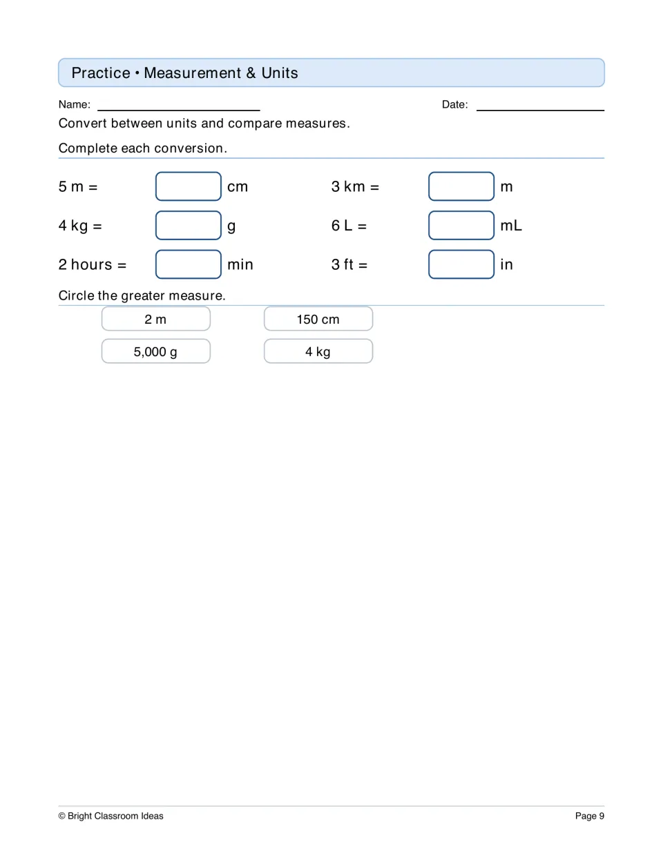 Measurement conversions: students convert m, km, kg, L, hours and feet to smaller units, then circle the greater measure