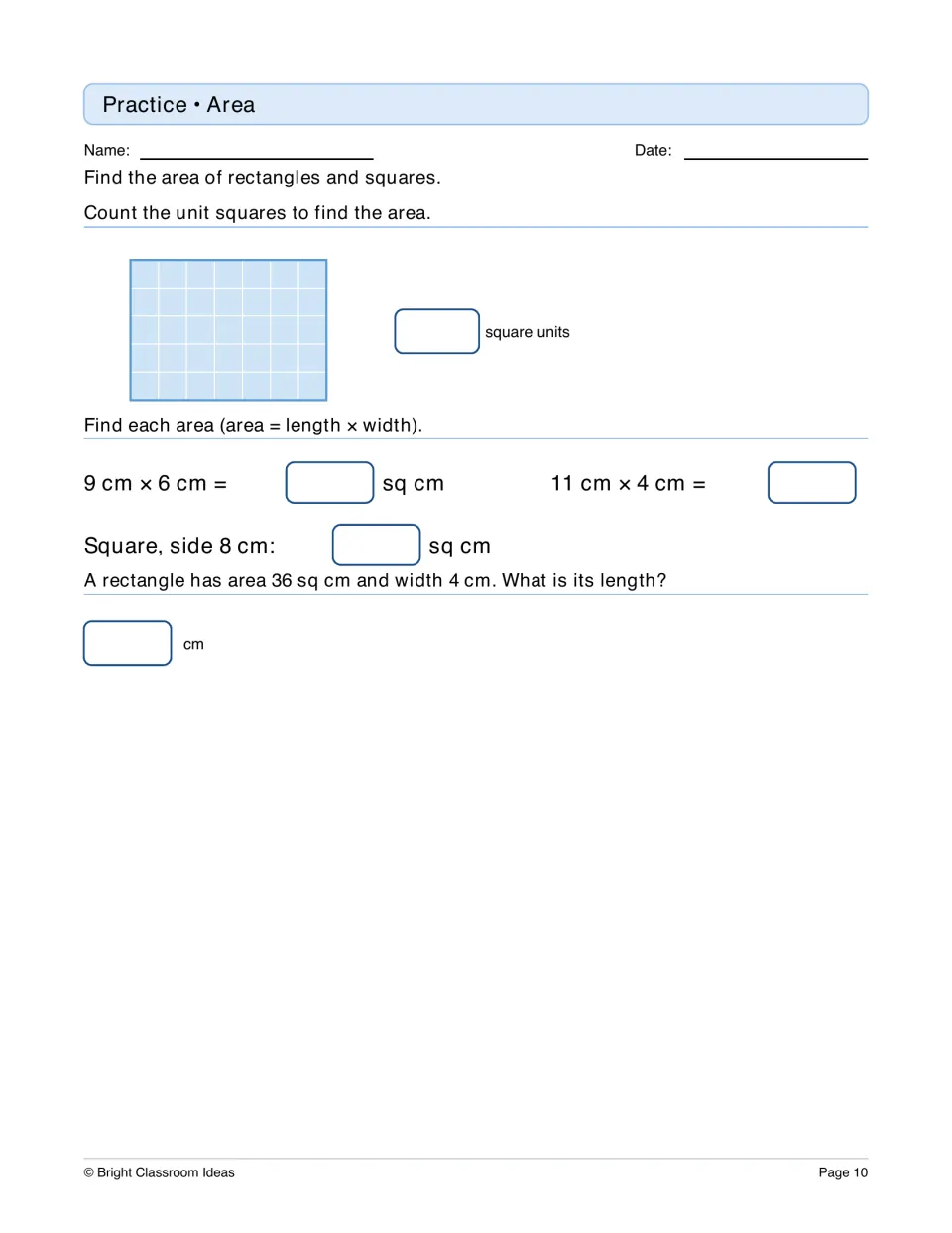 Area practice: students count unit squares, find rectangle and square areas with length × width, and solve for a length
