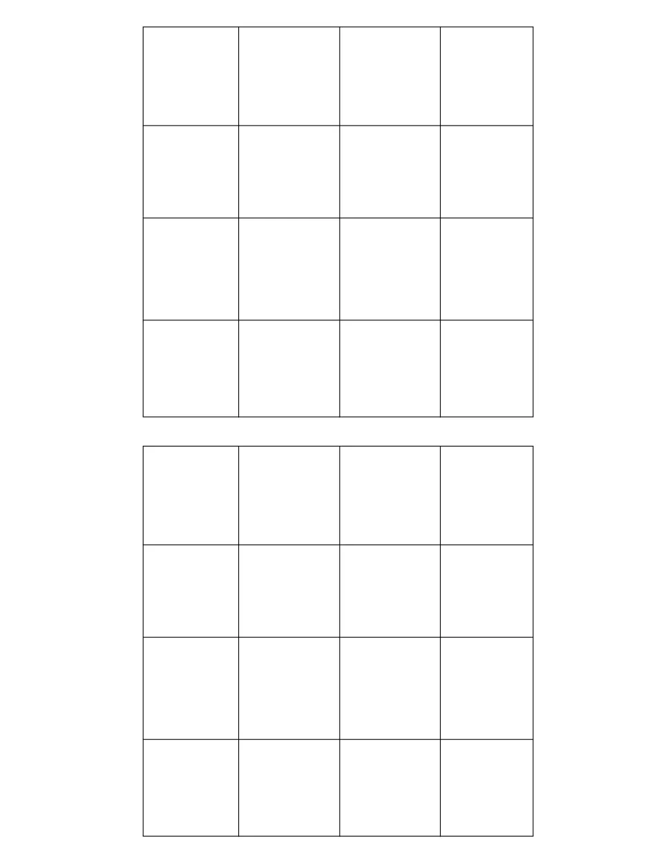 Blank bingo boards: two empty 4 x 4 boards where students write the numbers 1 to 16 in random order