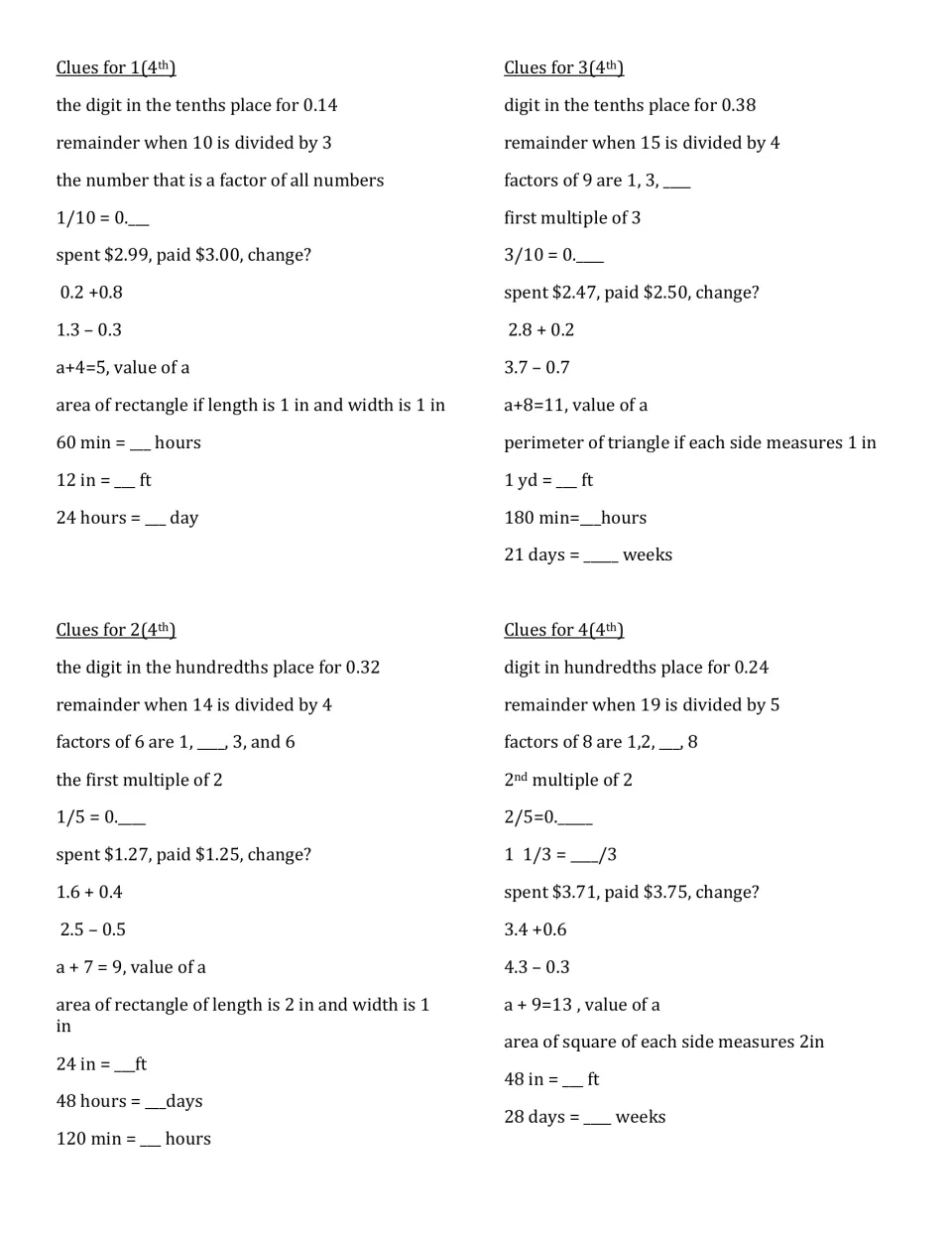Bingo clues for answers 1 to 4: place value, remainders, factors, decimal sums, making change, area and unit conversions