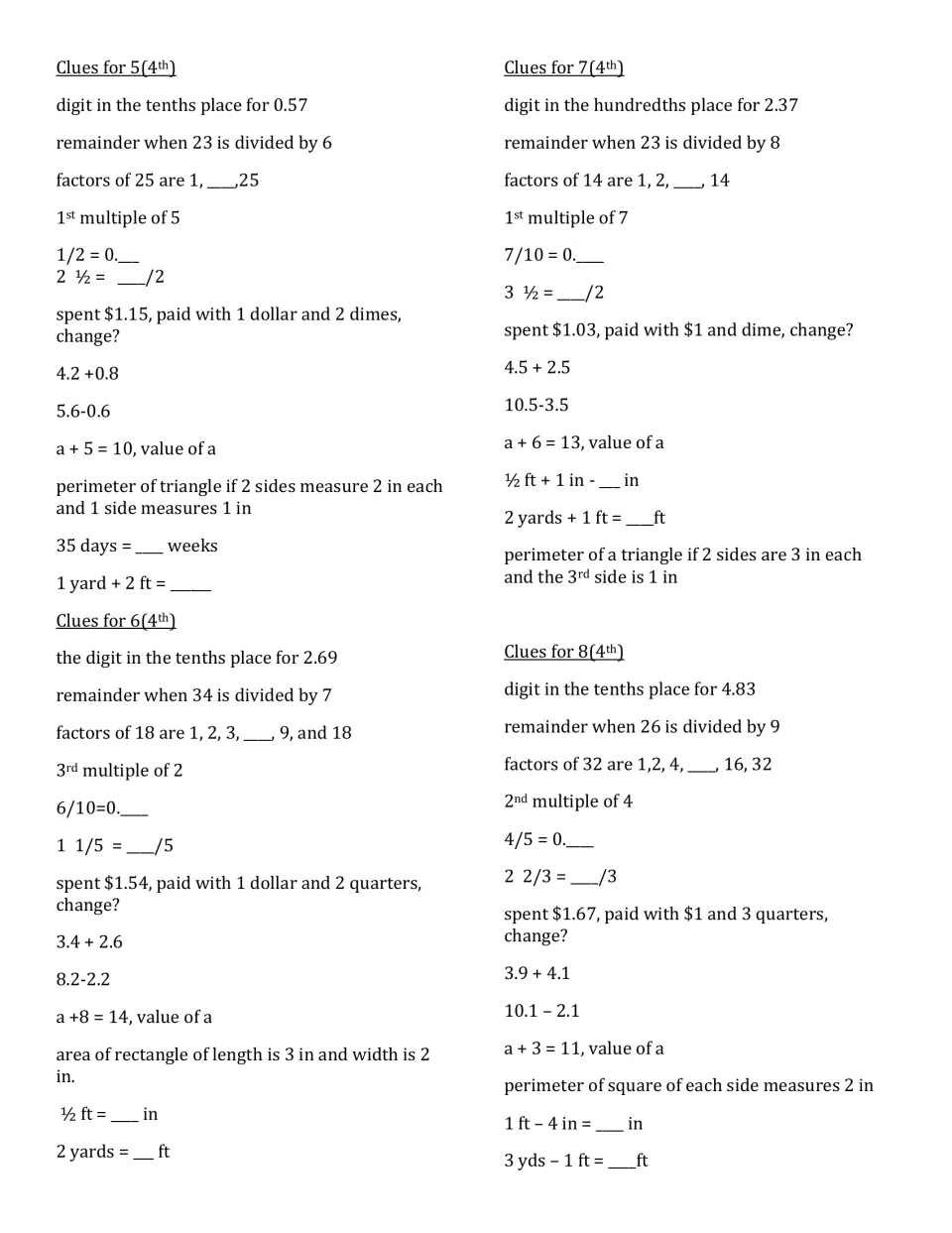 Clues for answers 5 to 8: students solve tenths digits, multiples, mixed numbers, perimeter and yard-foot conversions