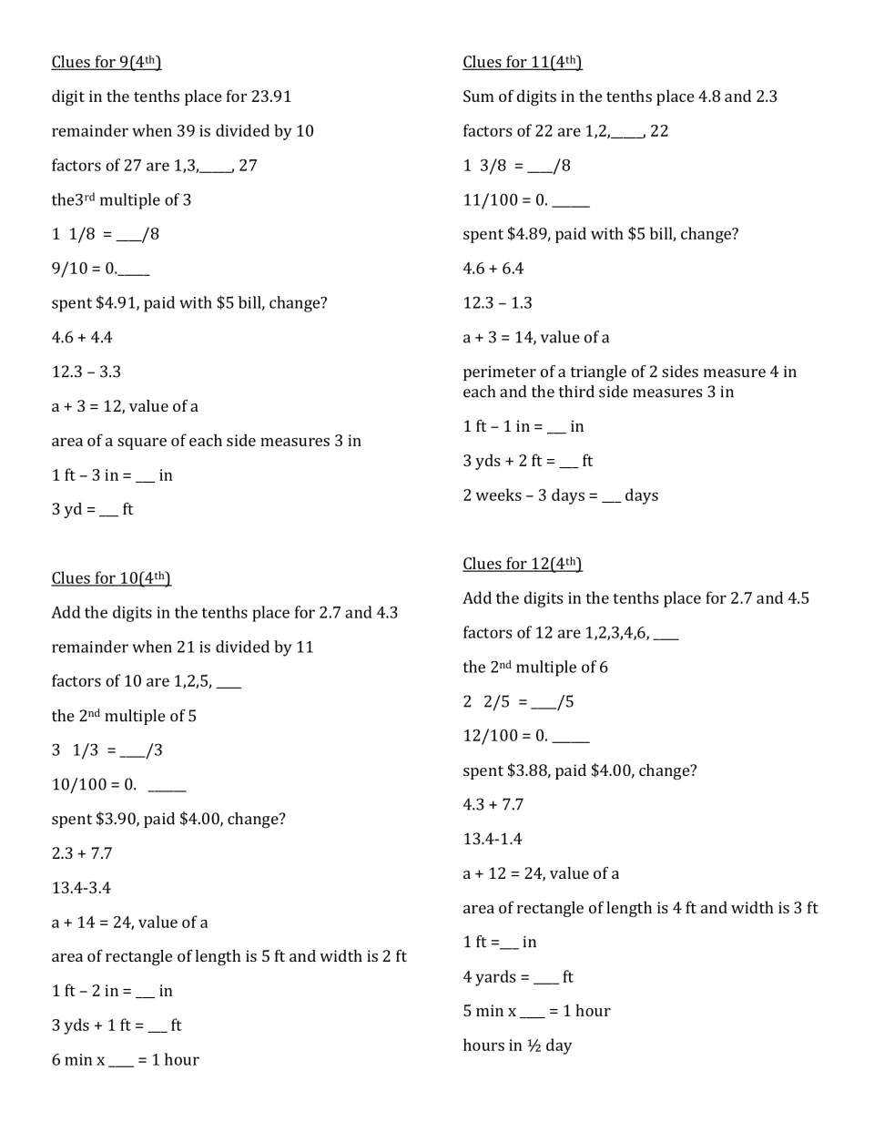 Clues for answers 9 to 12: sums of tenths digits, hundredths as decimals, $5 change, and minutes-per-hour facts