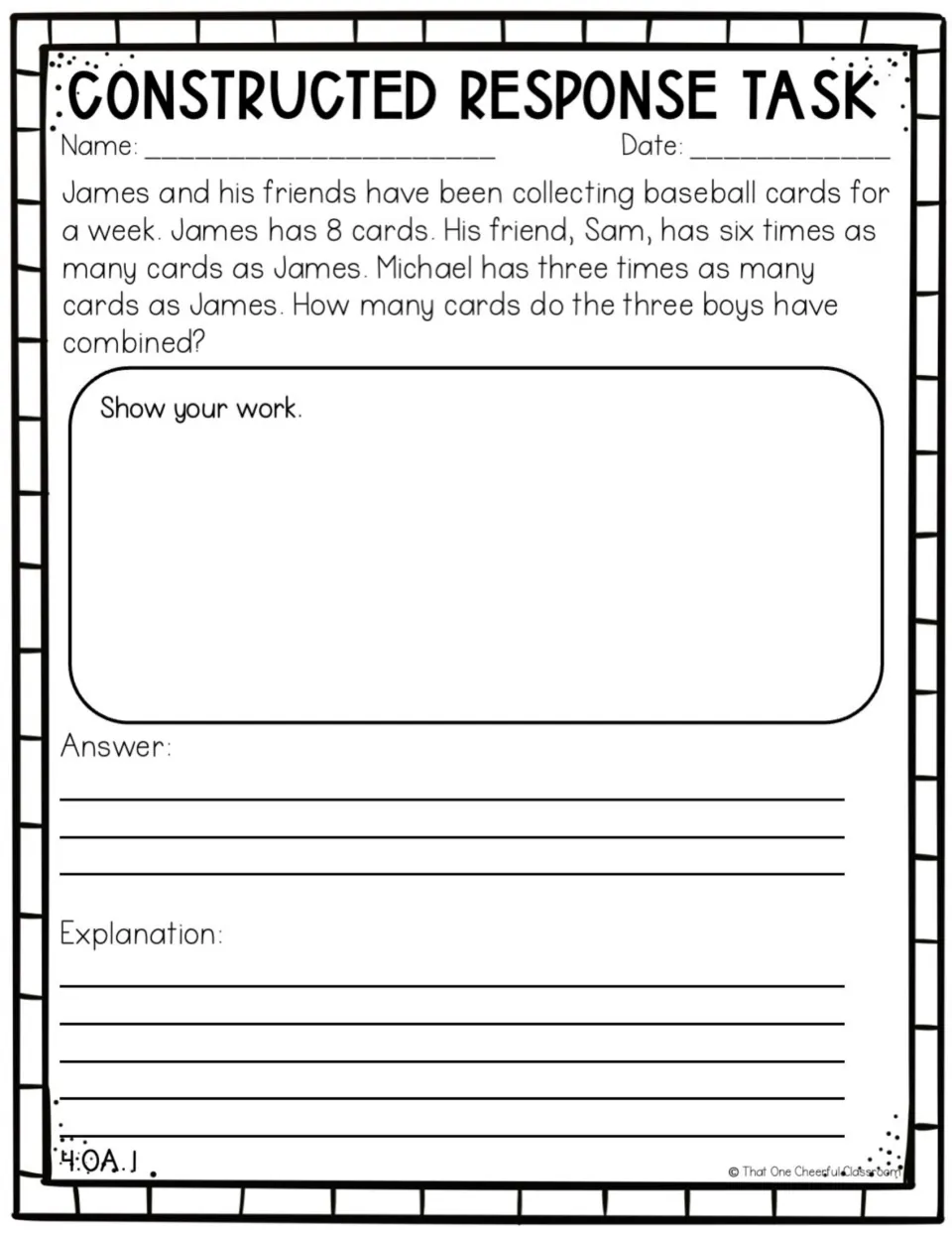 Multiplicative comparison: students find how many baseball cards three boys have combined, then show work and explain