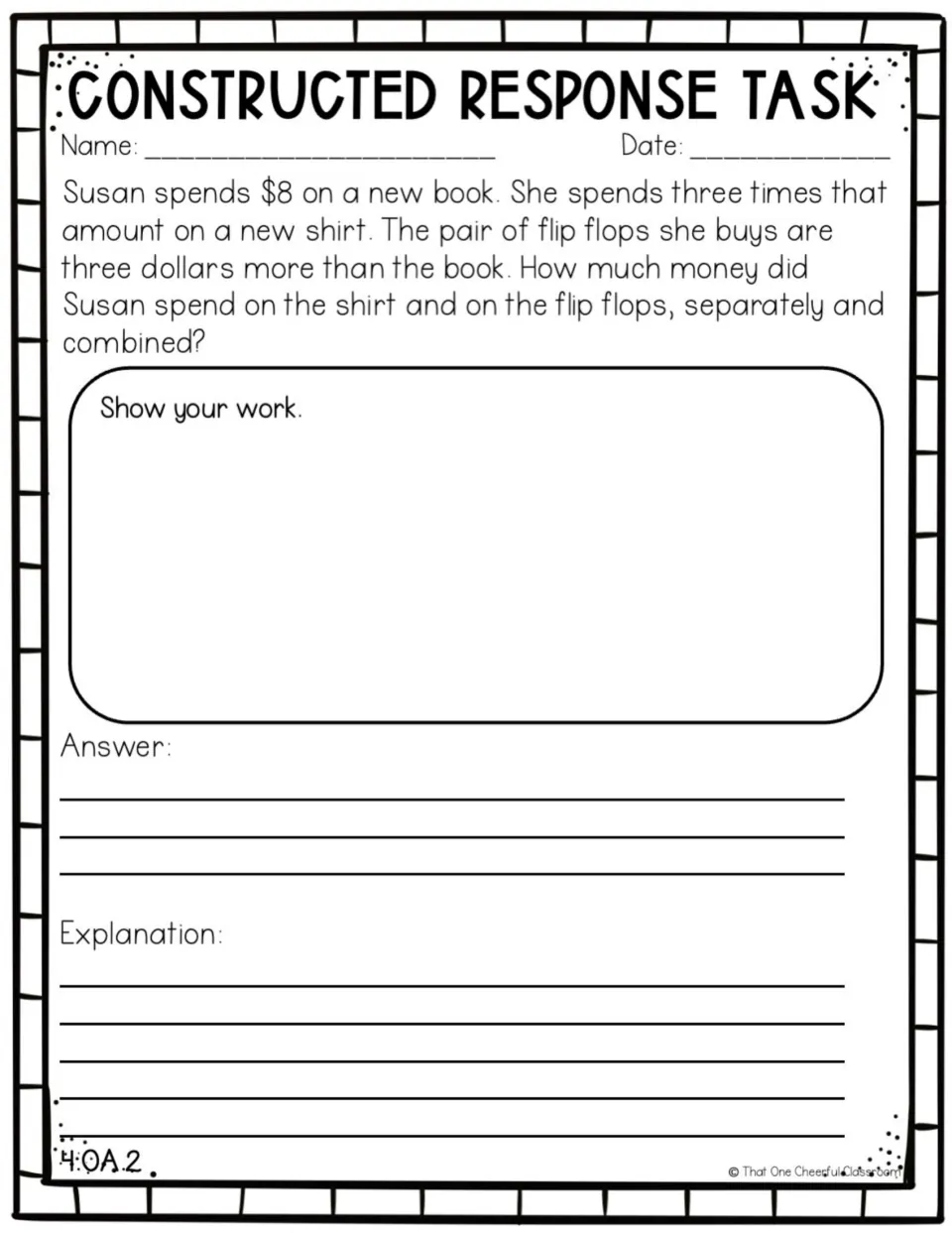 Multi-step money word problem: students find what Susan spent on a shirt and flip flops, separately and combined