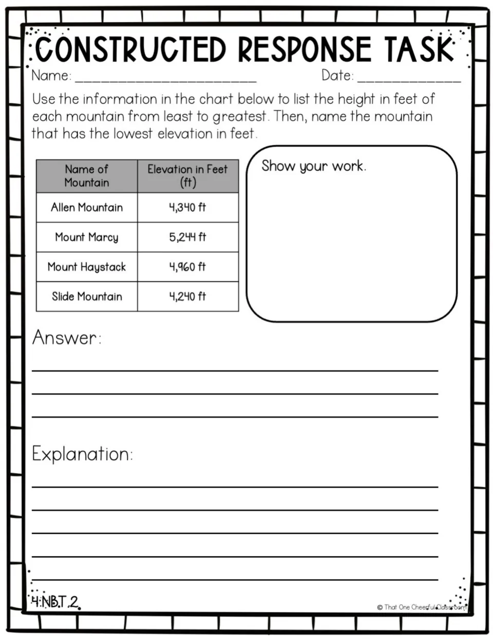 Comparing multi-digit numbers: students order four mountain elevations from least to greatest and name the lowest peak
