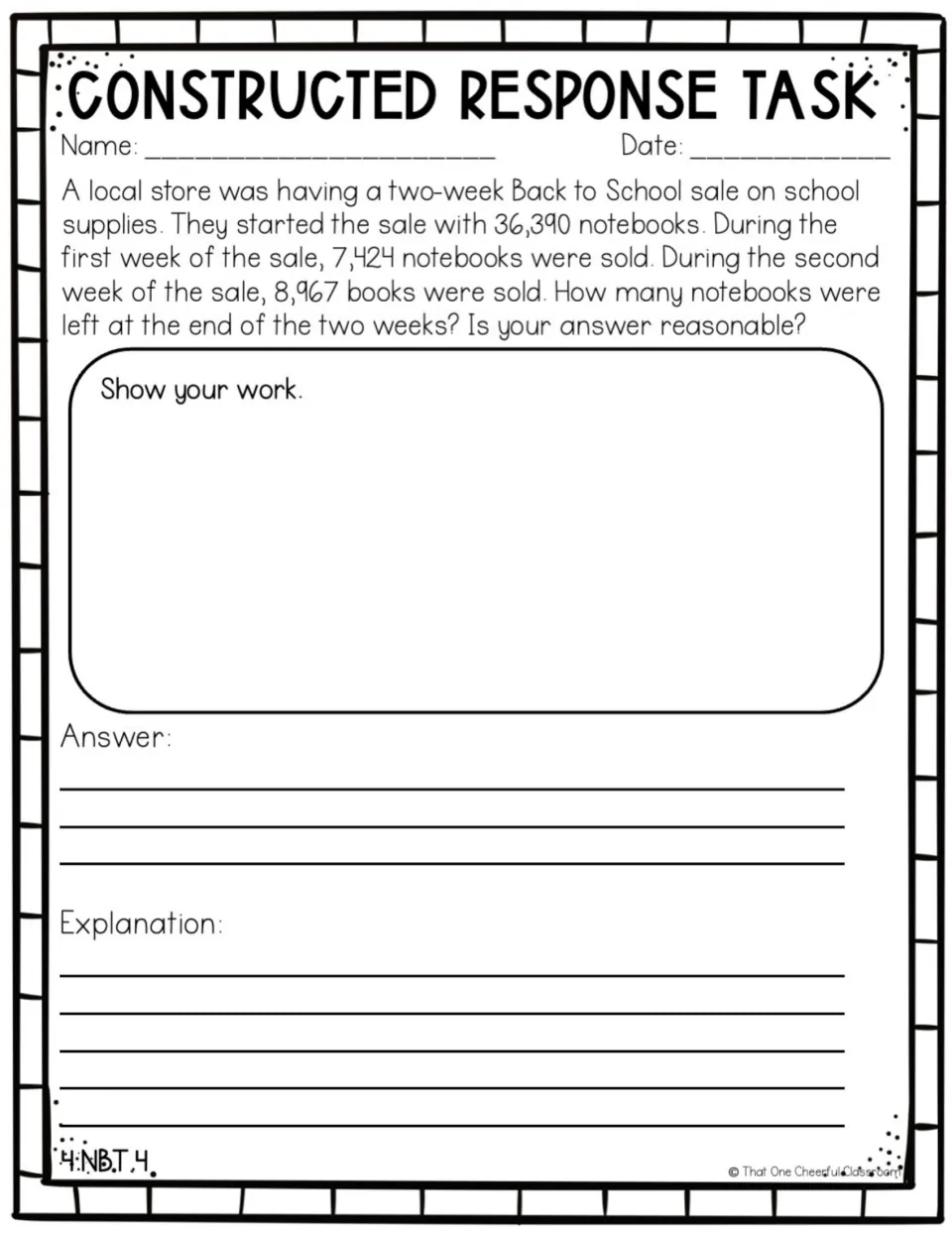 Multi-digit subtraction: students find notebooks left from 36,390 after two weeks of sales and check if it is reasonable