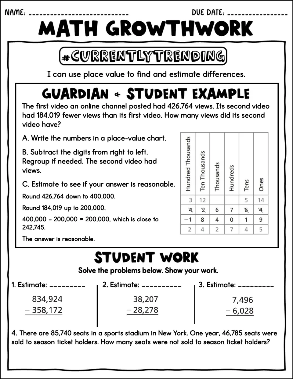 Subtracting with place value: a video-views example, then students estimate and solve 3 subtractions and a word problem