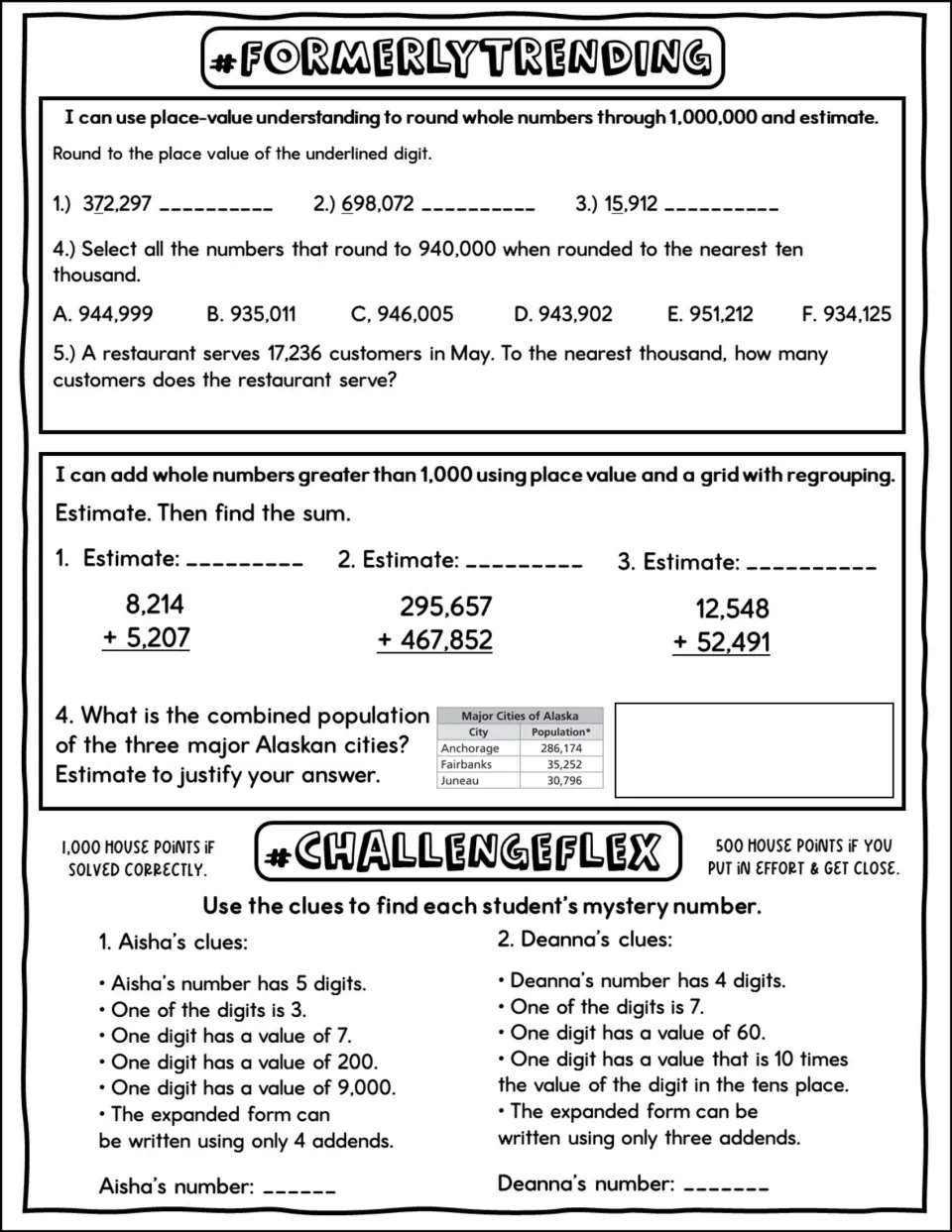 Rounding and adding large numbers: students round, estimate sums, total Alaska populations and solve mystery number clues