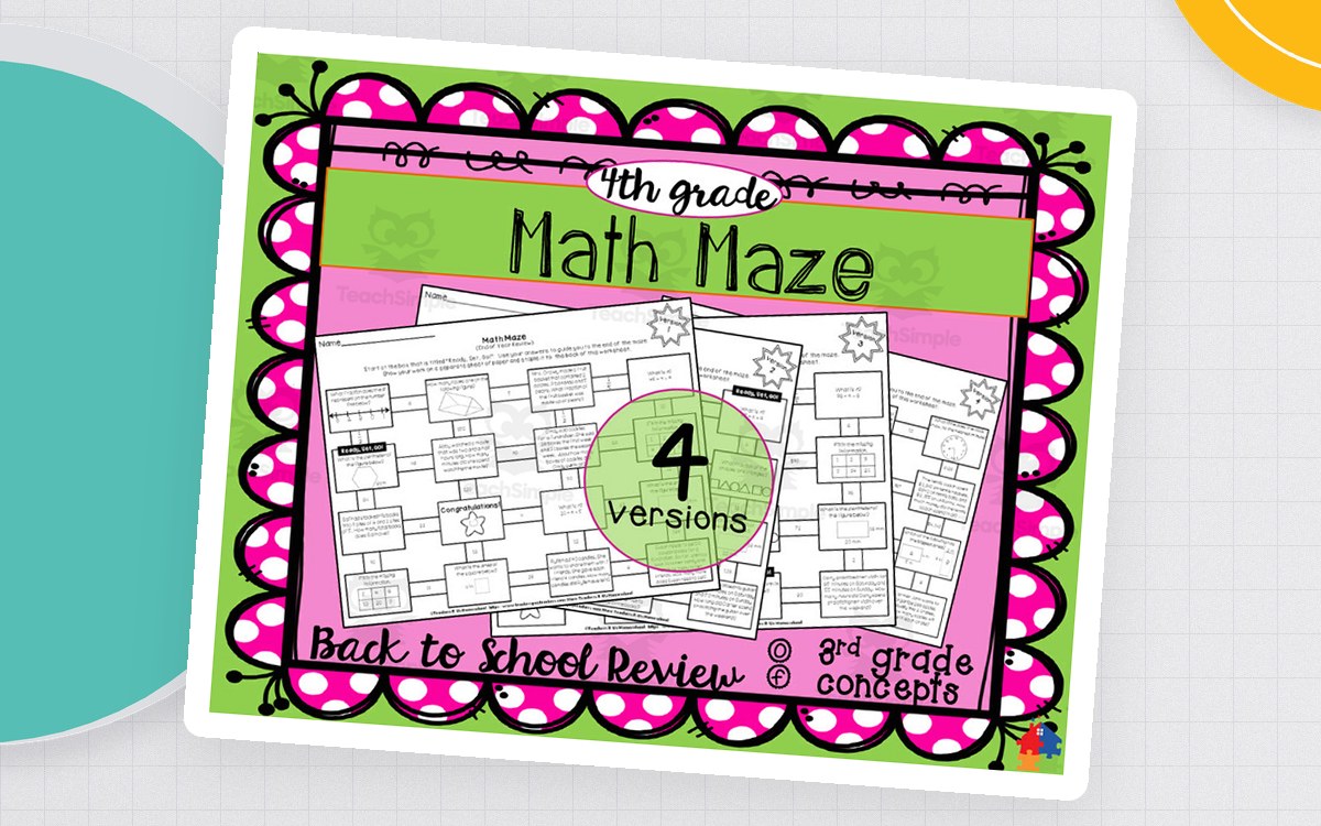Fourth Grade Math Maze cover showing four back-to-school maze versions.