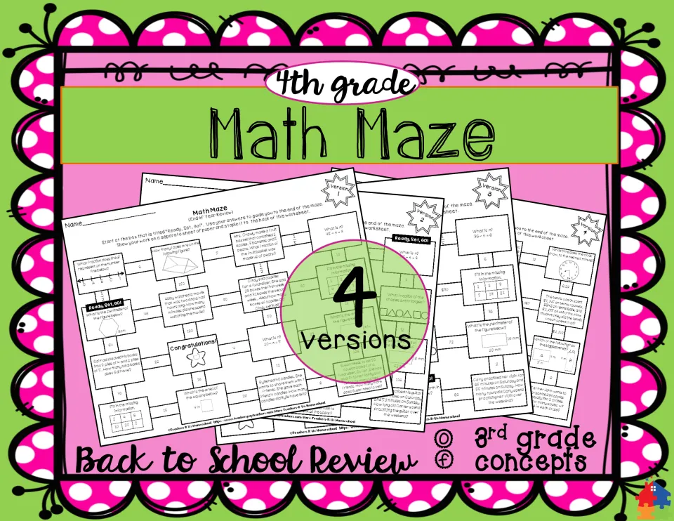 Math maze cover for 4th grade: four versions of a back-to-school review of 3rd grade concepts, with worksheet previews