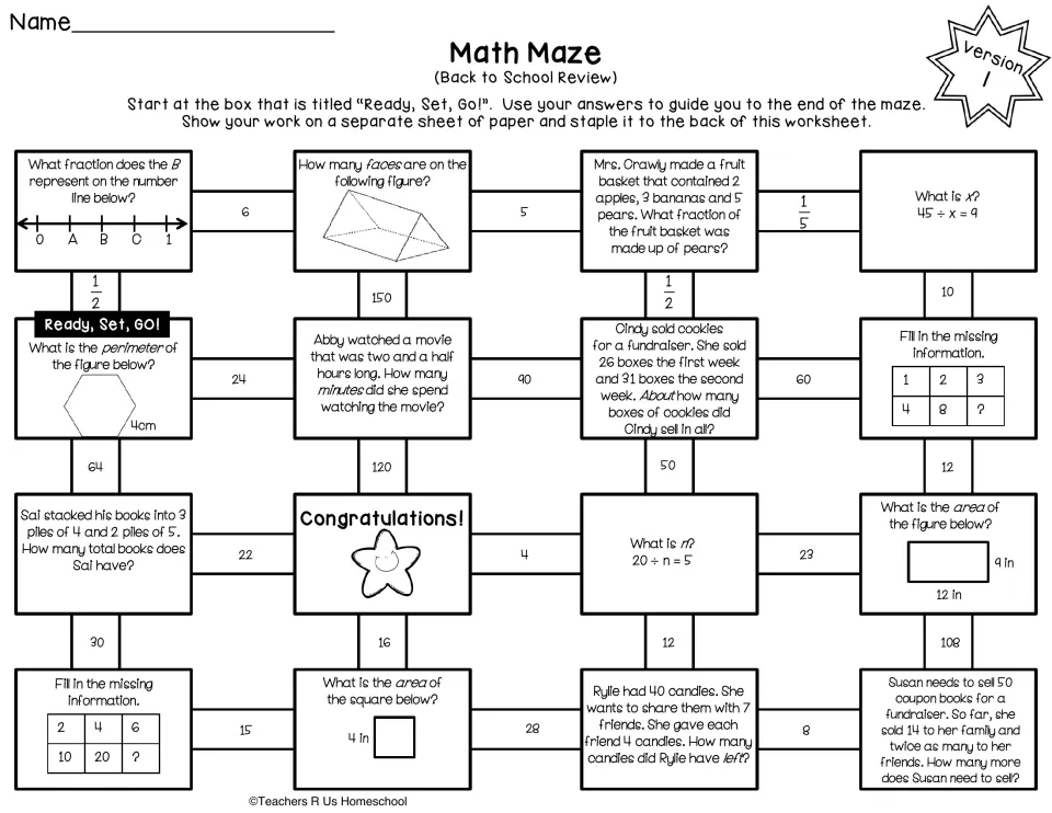 Math maze version 1: students start at Ready, Set, Go! and solve perimeter, fraction, time and area problems to the end
