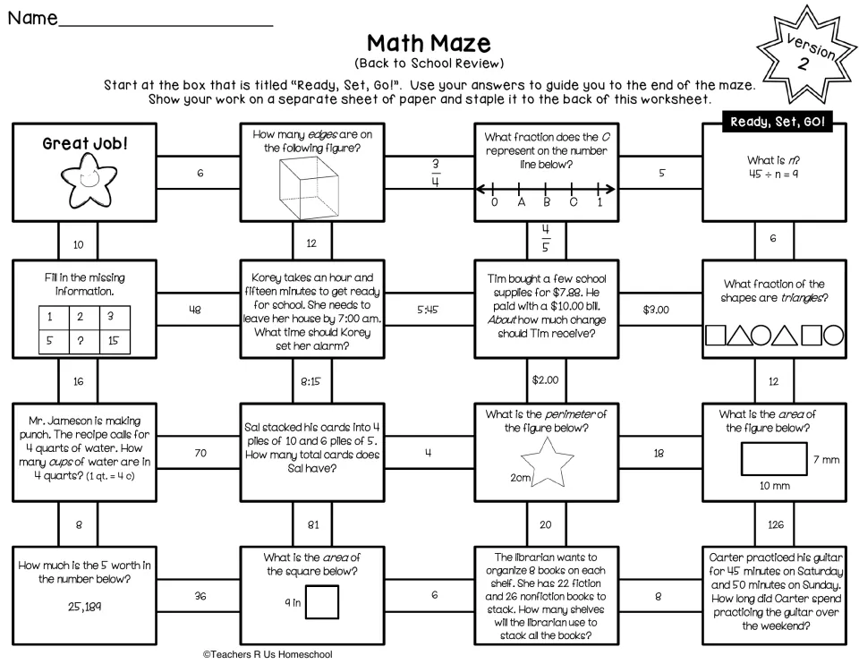 Math maze version 2: students solve edges, place value, elapsed time, money and unit conversions to reach Great Job!