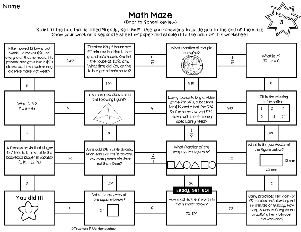 Math maze version 3: students solve money word problems, elapsed time, vertices and fractions to reach You did it!