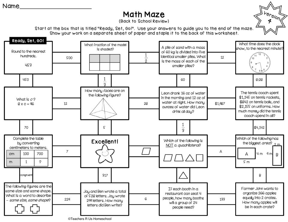 Math maze version 4: students round, read a clock, add money, convert cm to meters and identify shapes to reach Excellent!