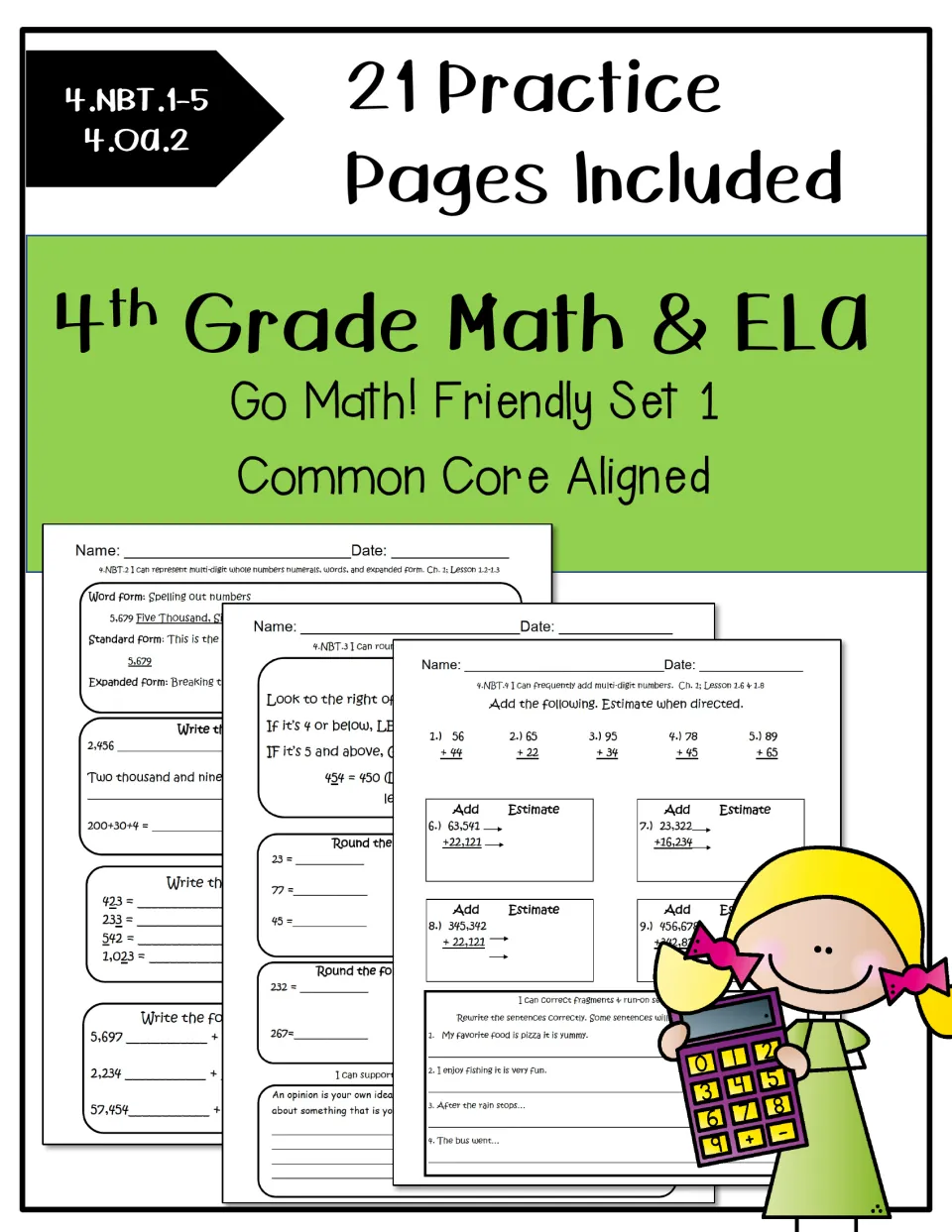Go Math! Friendly Set 1 cover: 21 practice pages of math review with ELA, previewing place value, rounding and adding