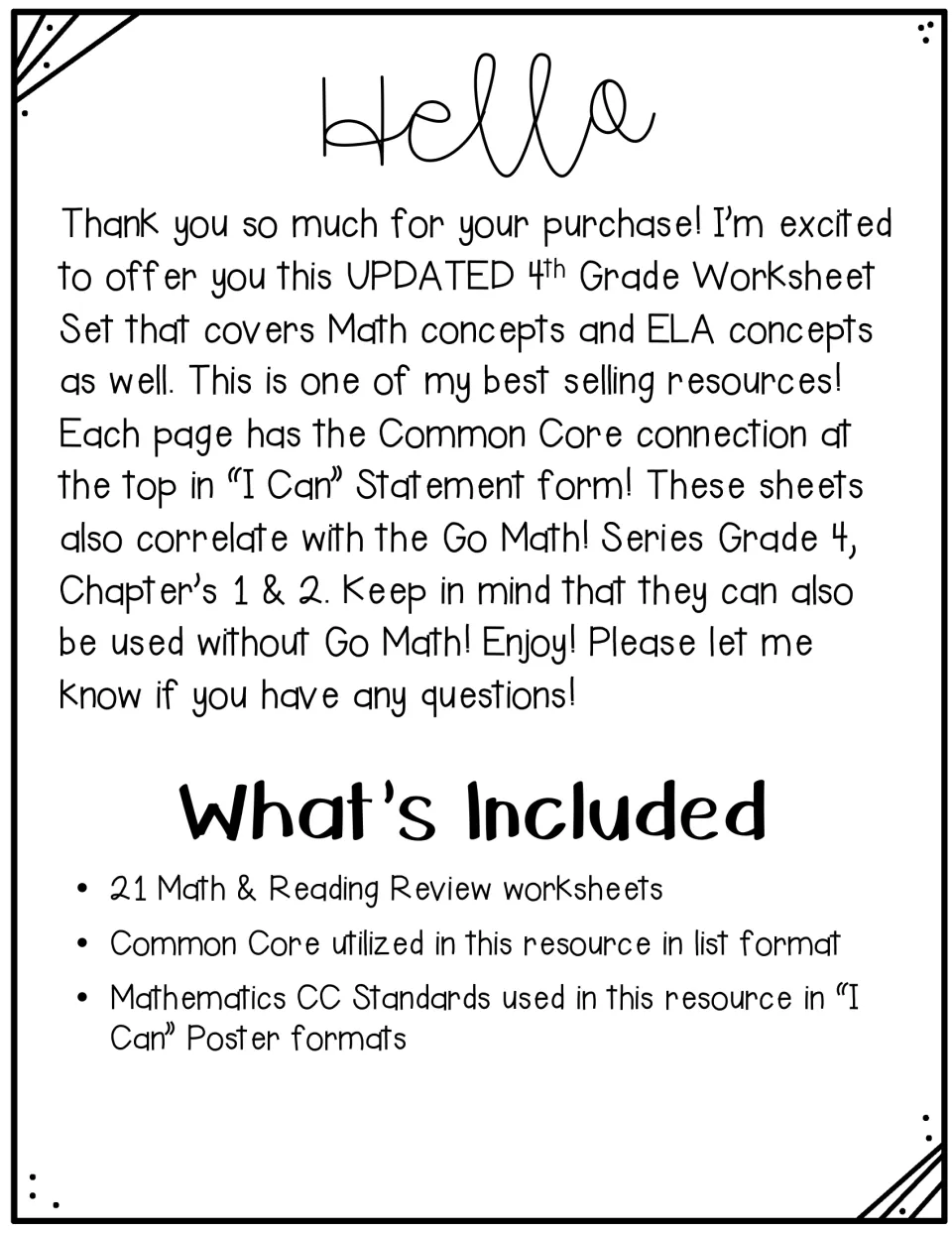 Author welcome note and What's Included list: 21 math and reading worksheets, a skills checklist and I Can posters