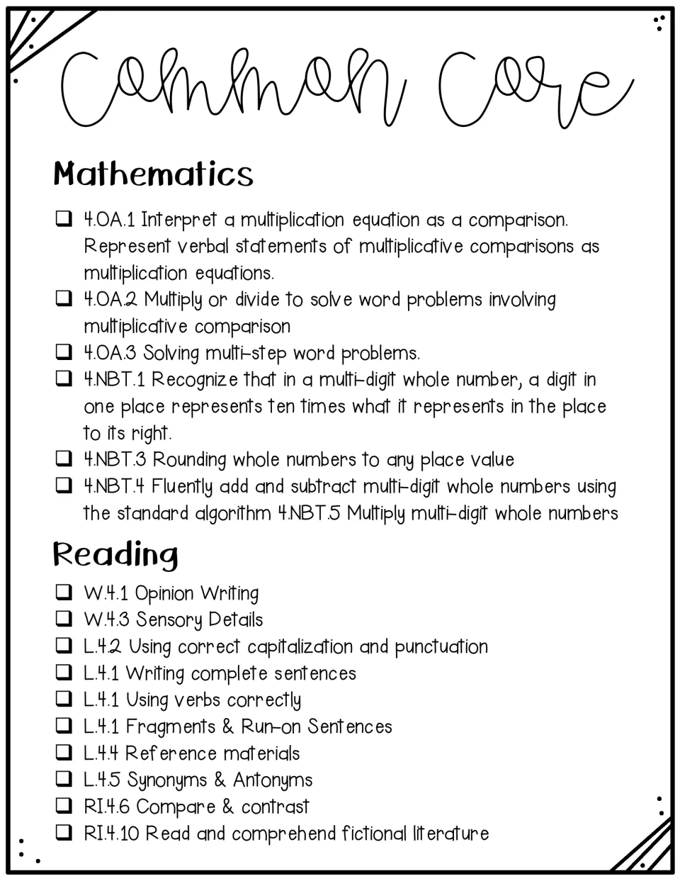 Common Core checklist naming math standards 4.OA.1-3 and 4.NBT.1-5 and reading standards W.4, L.4 and RI.4 used in the set