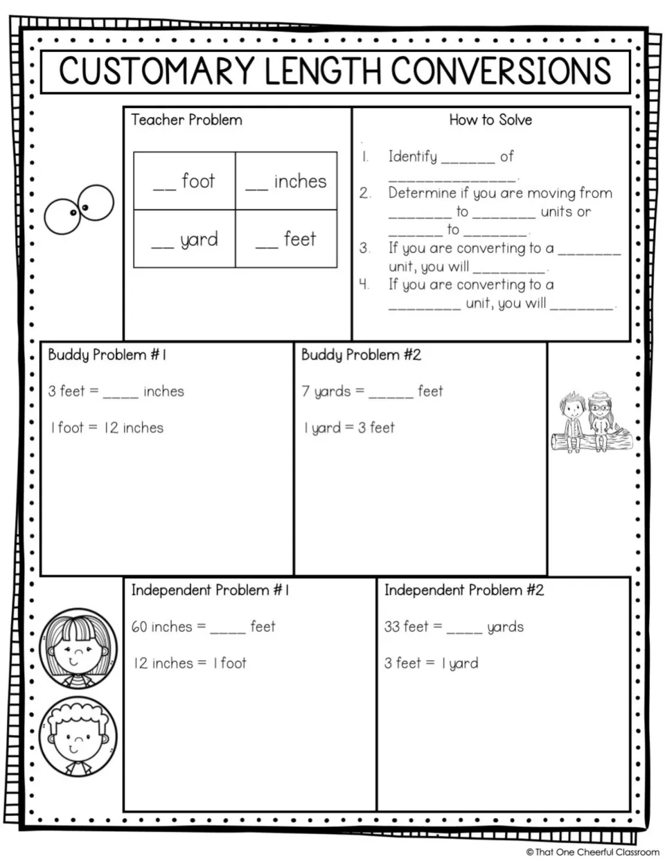 Customary length conversions guided notes: students fill in the unit chart and steps, then convert 3 feet and 60 inches