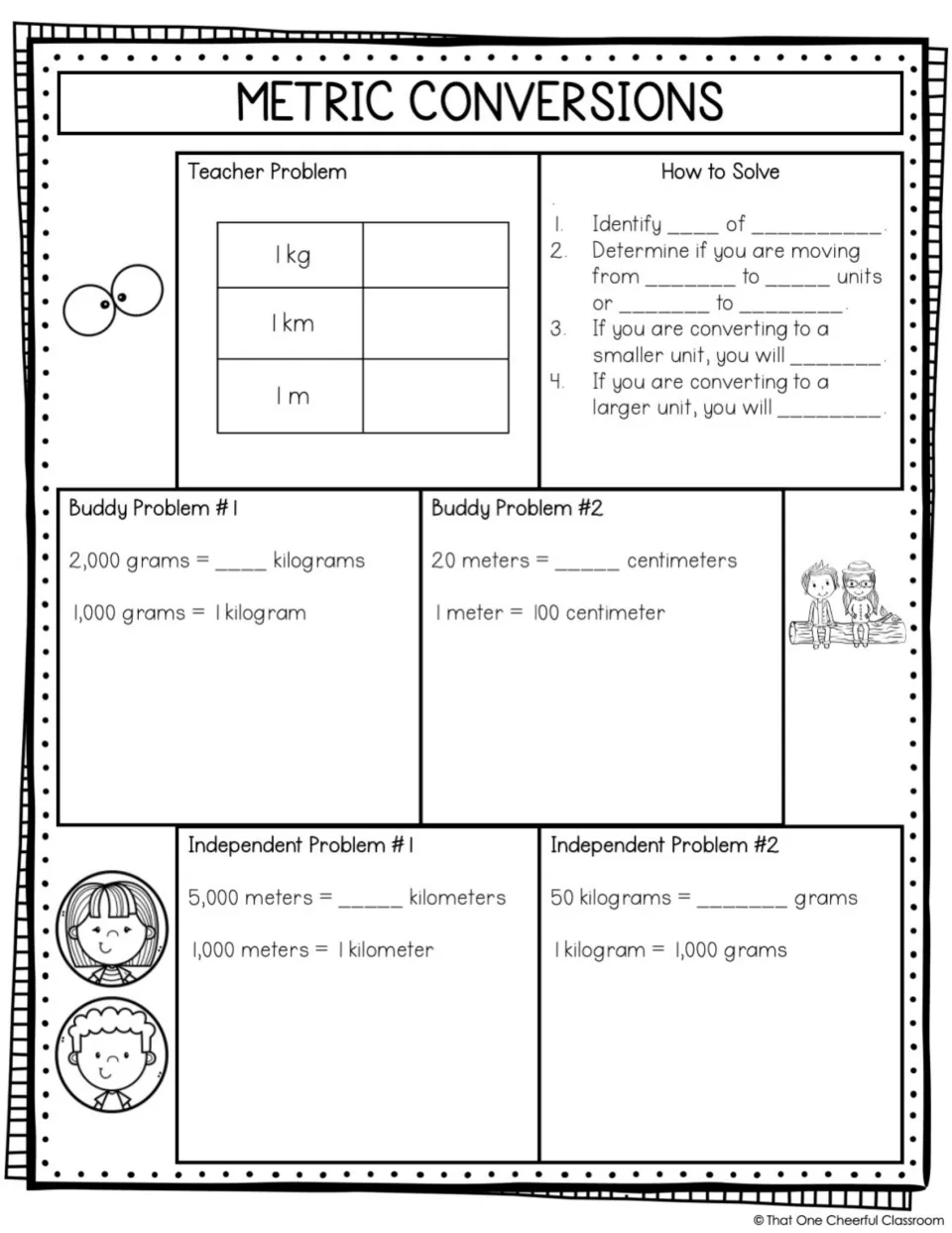 Metric conversion guided notes with fill-in facts and practice using grams, kilograms, meters, and centimeters